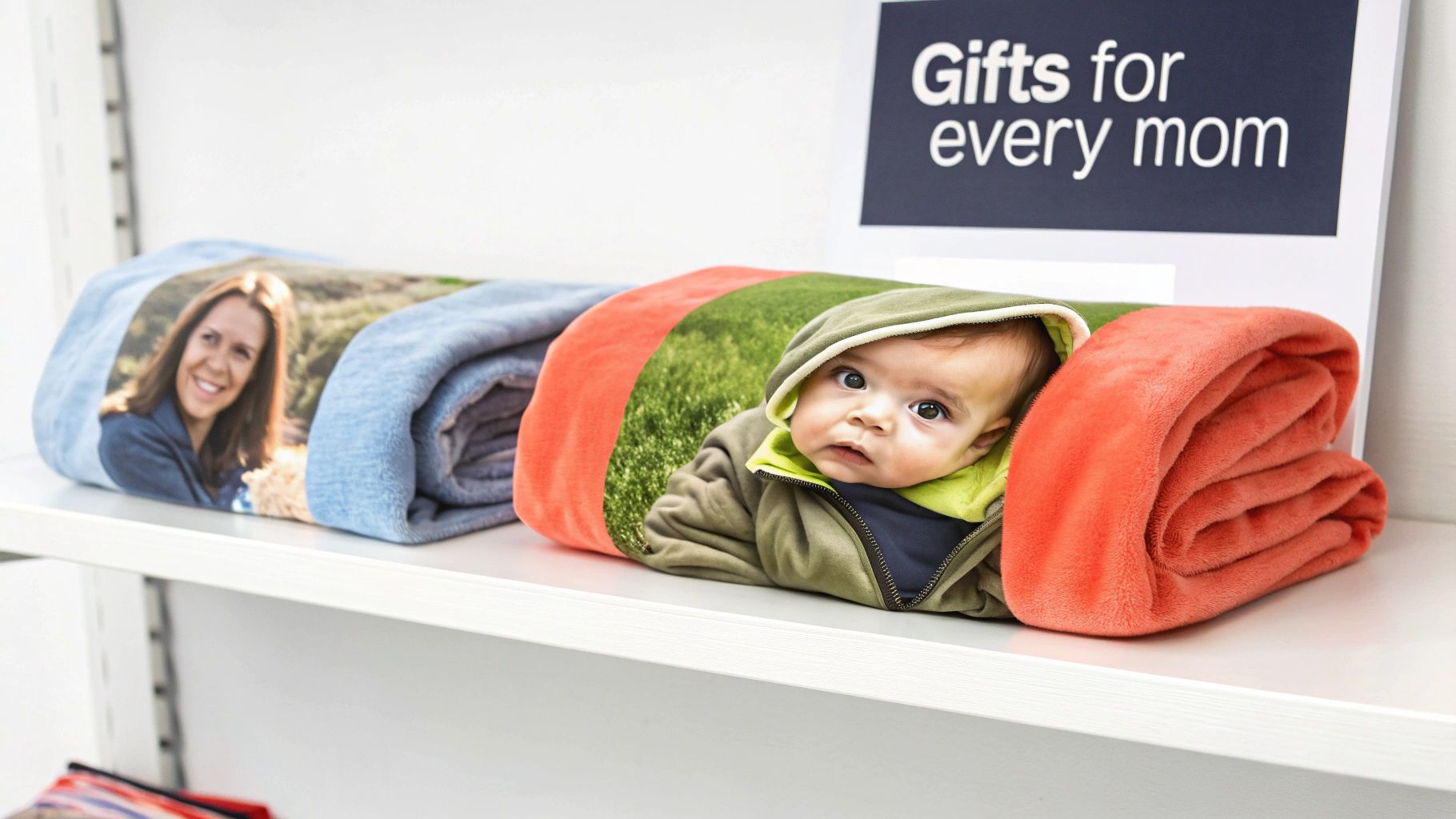 Custom photo blankets featuring a smiling woman and a baby are displayed on a shelf for "Gifts for every mom."