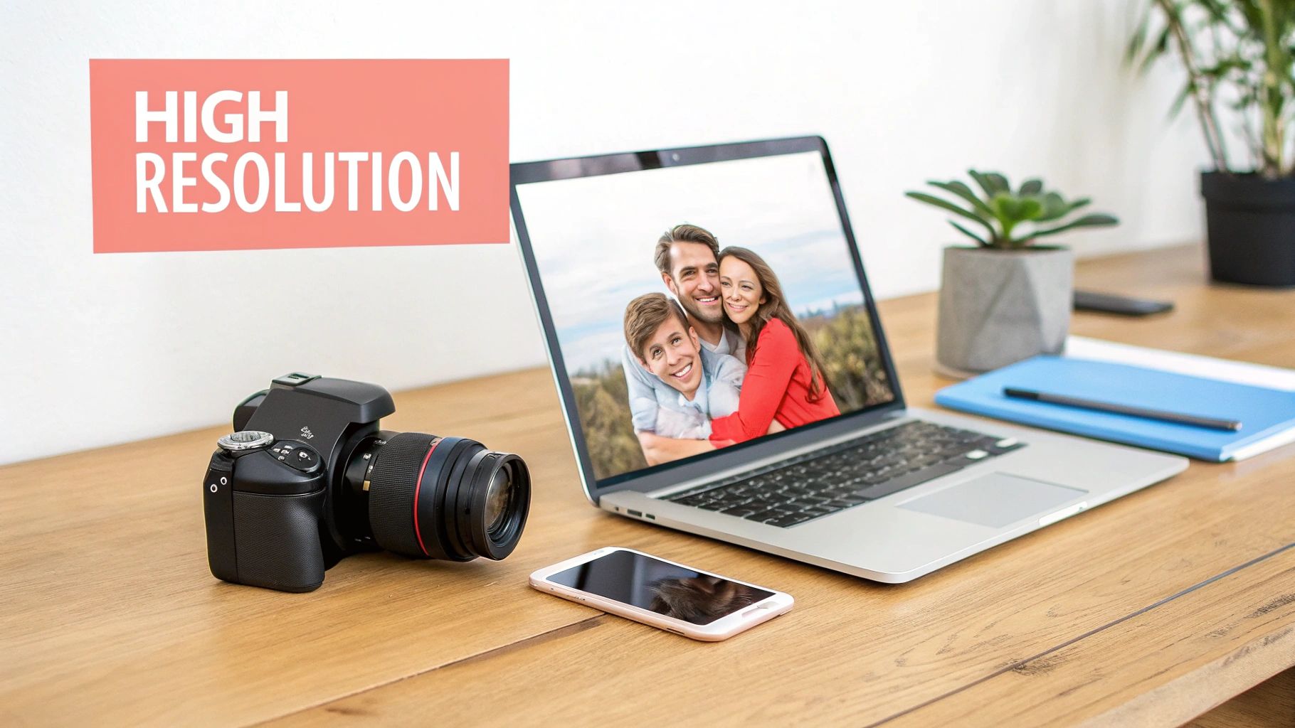 Family photos laid out on a table with a camera and laptop