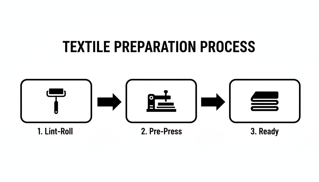A diagram illustrating the textile preparation process, showing lint-rolling, pre-pressing, and final readiness steps.