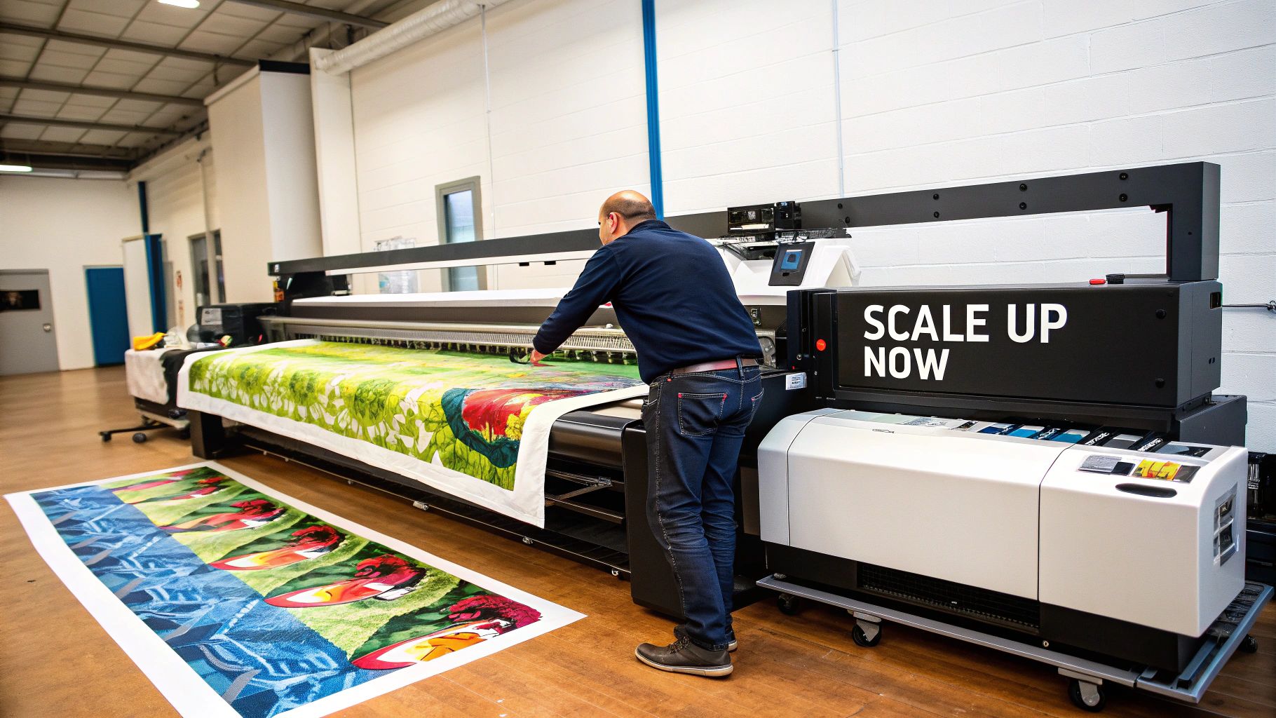 A worker adjusts fabric on a large dye sublimation printer, producing colorful textile prints in a workshop.