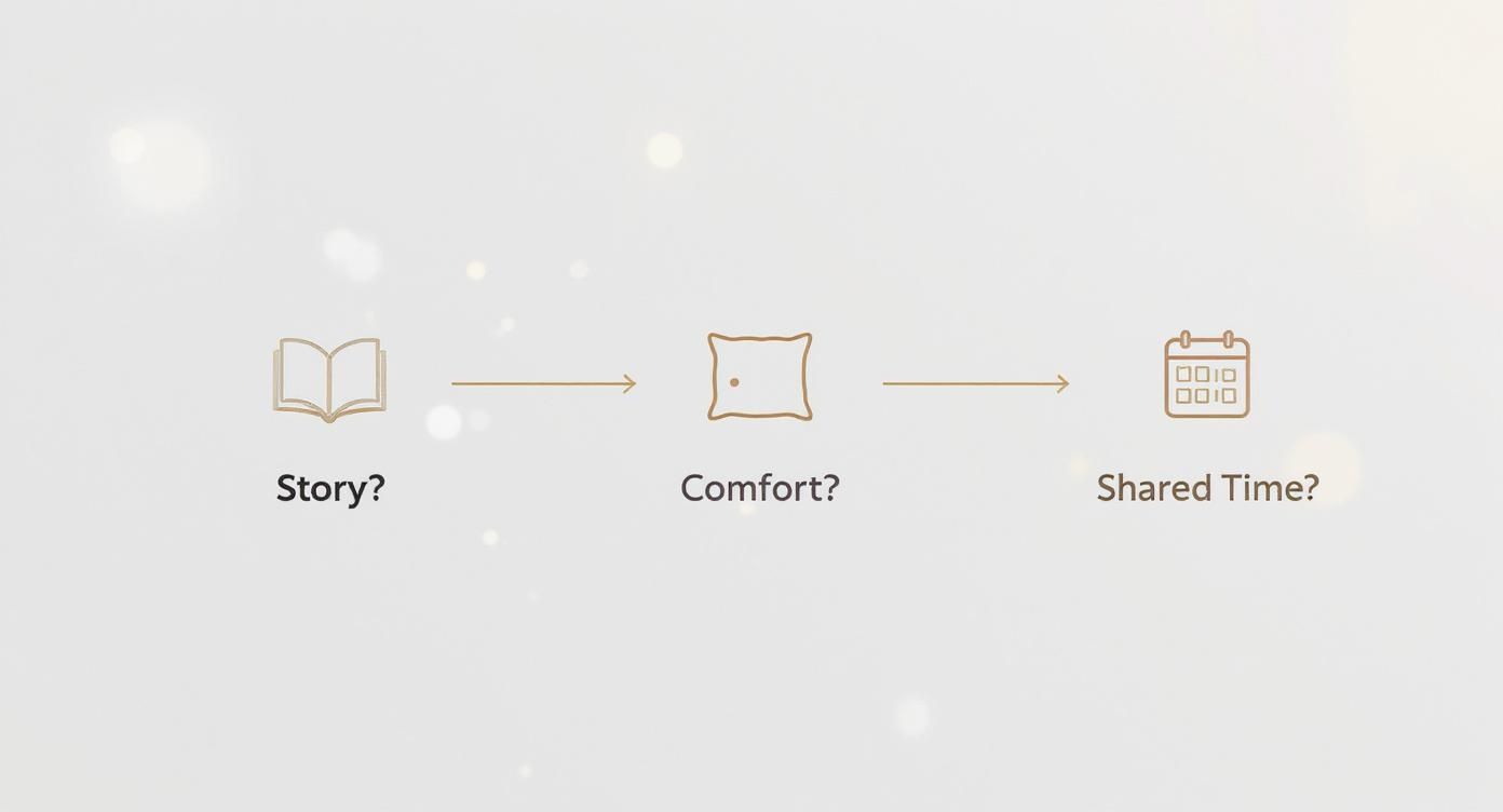 Three icons depicting a book, pillow, and calendar, asking 'Story?', 'Comfort?', and 'Shared Time?' respectively.