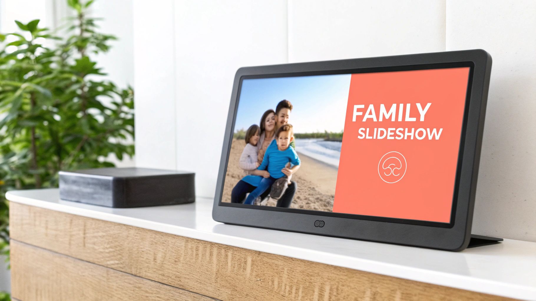 A sleek digital photo frame displaying a family photo and 'FAMILY SLIDESHOW' text, placed on a modern wooden cabinet.
