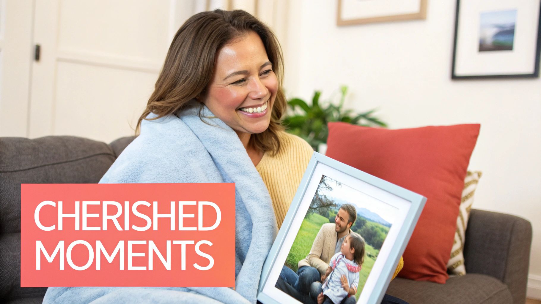 A woman joyfully holds a framed picture, reminiscing cherished family moments on a couch.