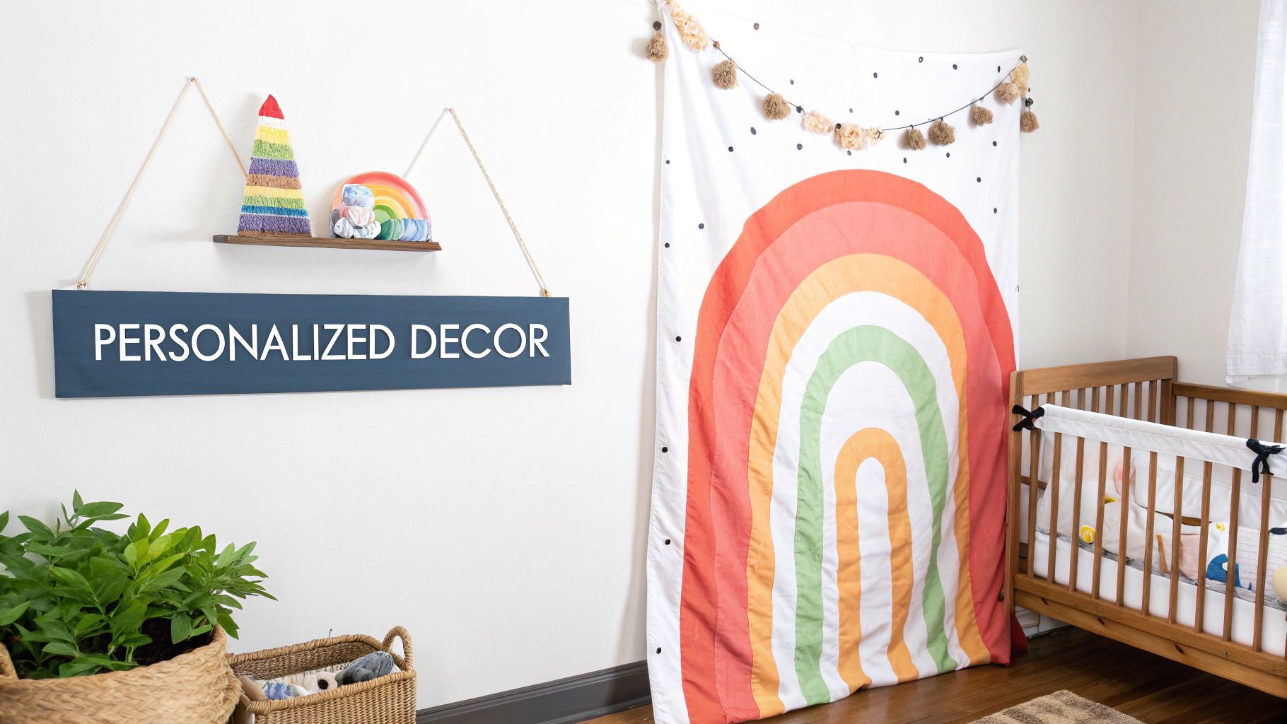A vibrant nursery featuring a 'PERSONALIZED DECOR' sign, rainbow tapestry, a wooden crib, and green plants.