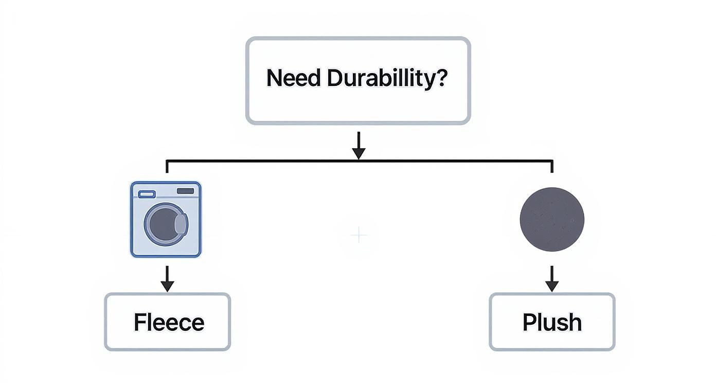 A flowchart comparing fleece and plush fabrics. It asks 'Need Durability?'. Yes leads to a washing machine icon and 'Fleece'. No leads to a textured circle and 'Plush'.