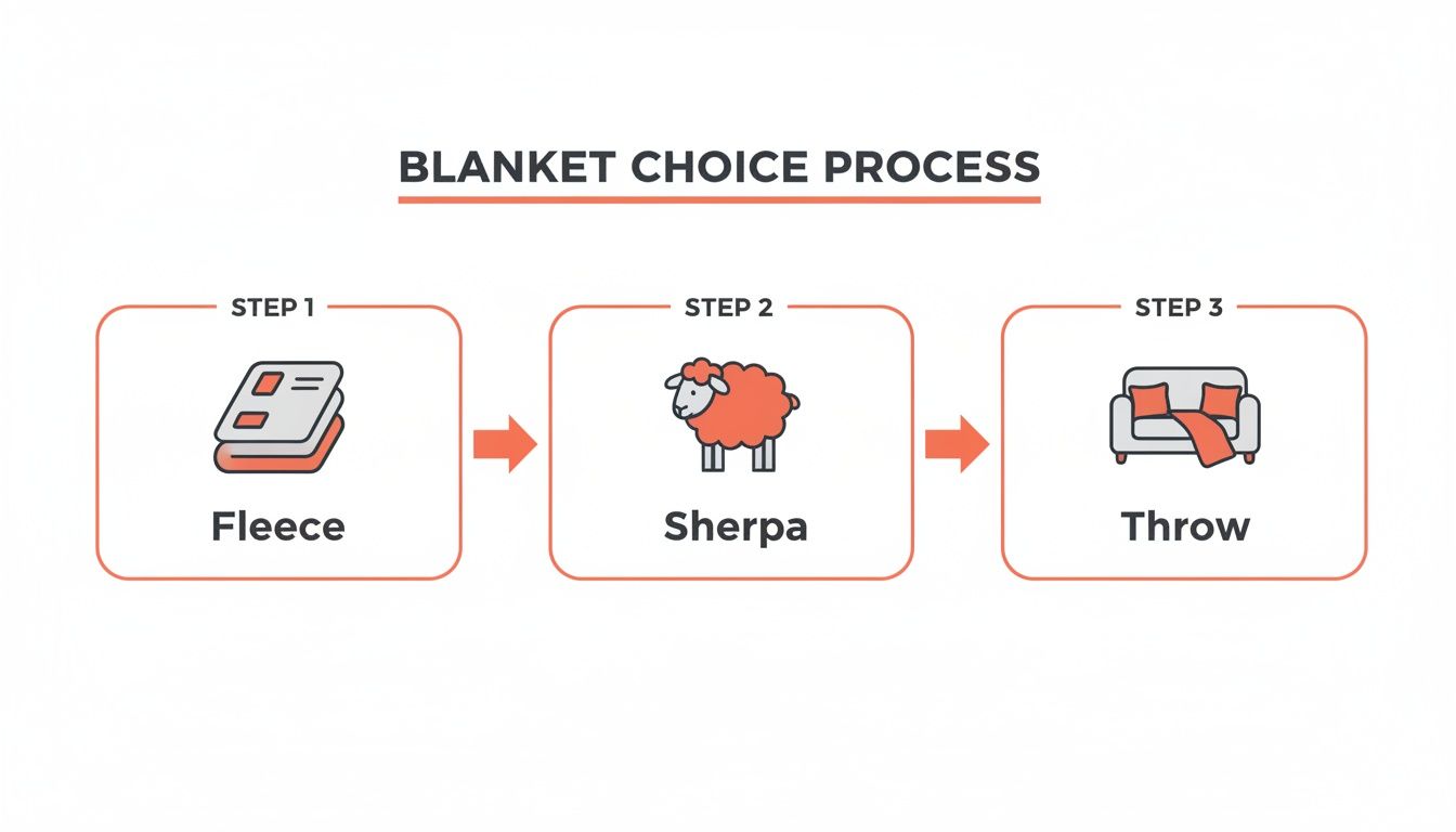 A three-step process illustrating different blanket choices: Fleece, Sherpa, and Throw.