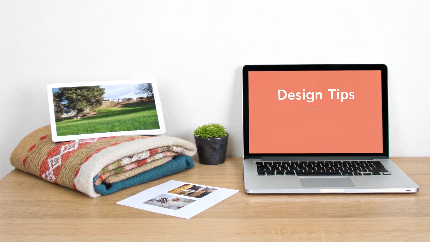 A cozy desk setup with a laptop displaying 'Design Tips', a tablet, blankets, and a potted plant.