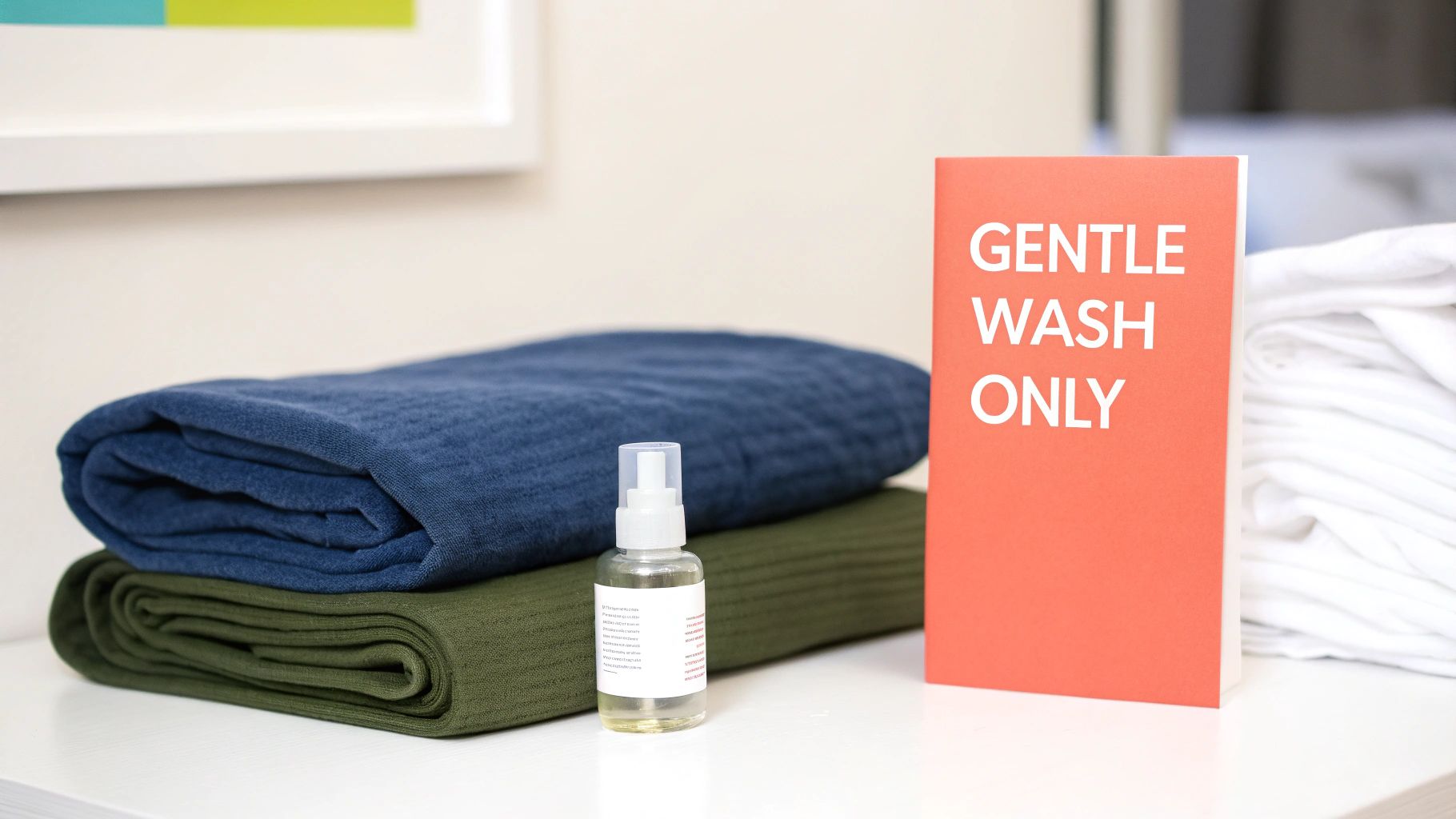 Folded blue and green blankets with a spray bottle and a 'GENTLE WASH ONLY' sign.