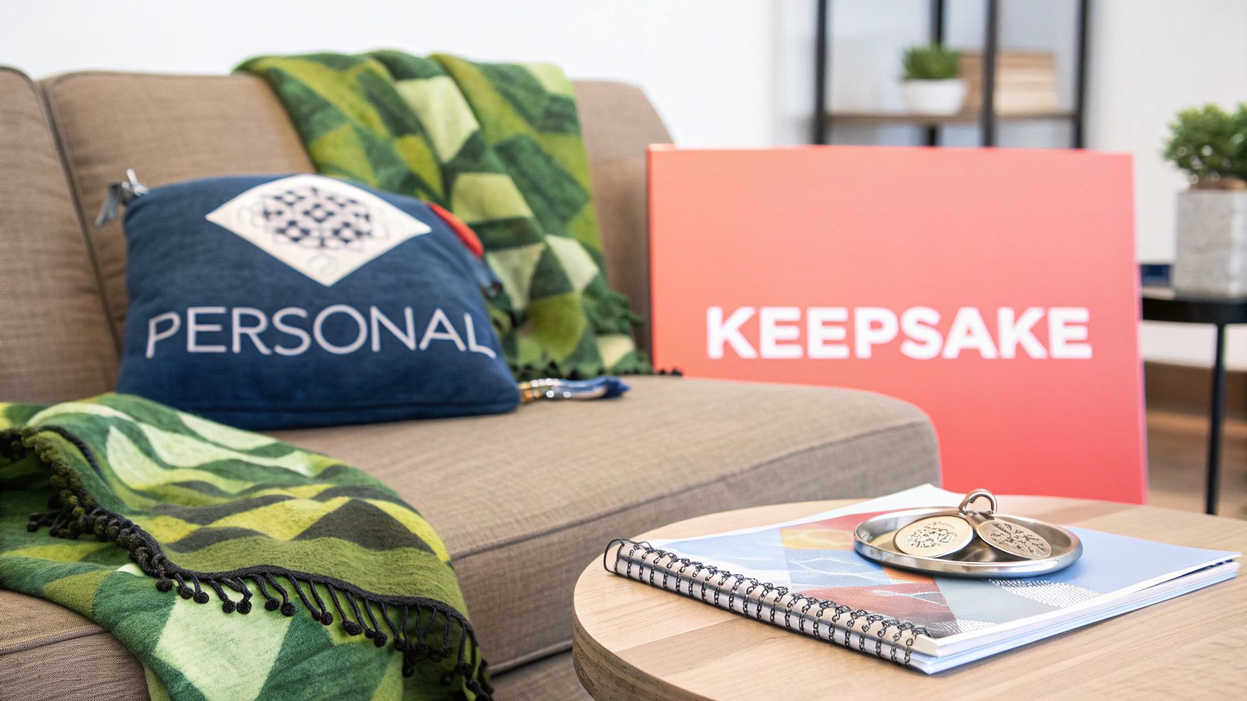 A cozy living room scene with a couch, green blanket, blue pillow, a Keepsake sign, and personalized medallions on a table.