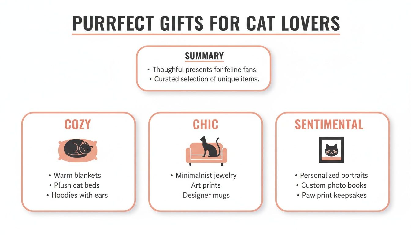 A graphic outlining purrfect gift ideas for cat lovers, categorized into cozy, chic, and sentimental items.