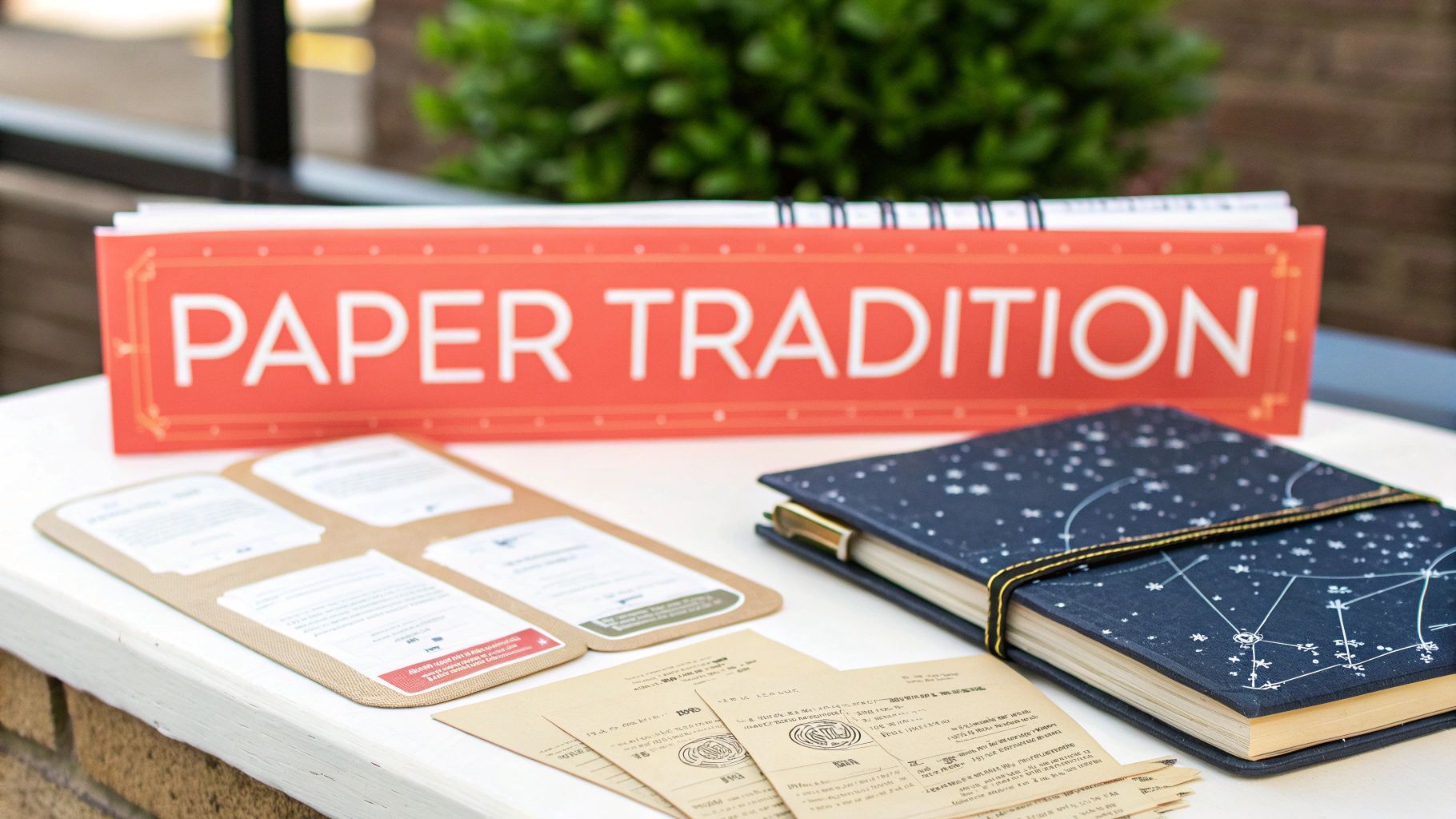 A display of paper-themed items, including a 'PAPER TRADITION' sign, old documents, and a constellation notebook.