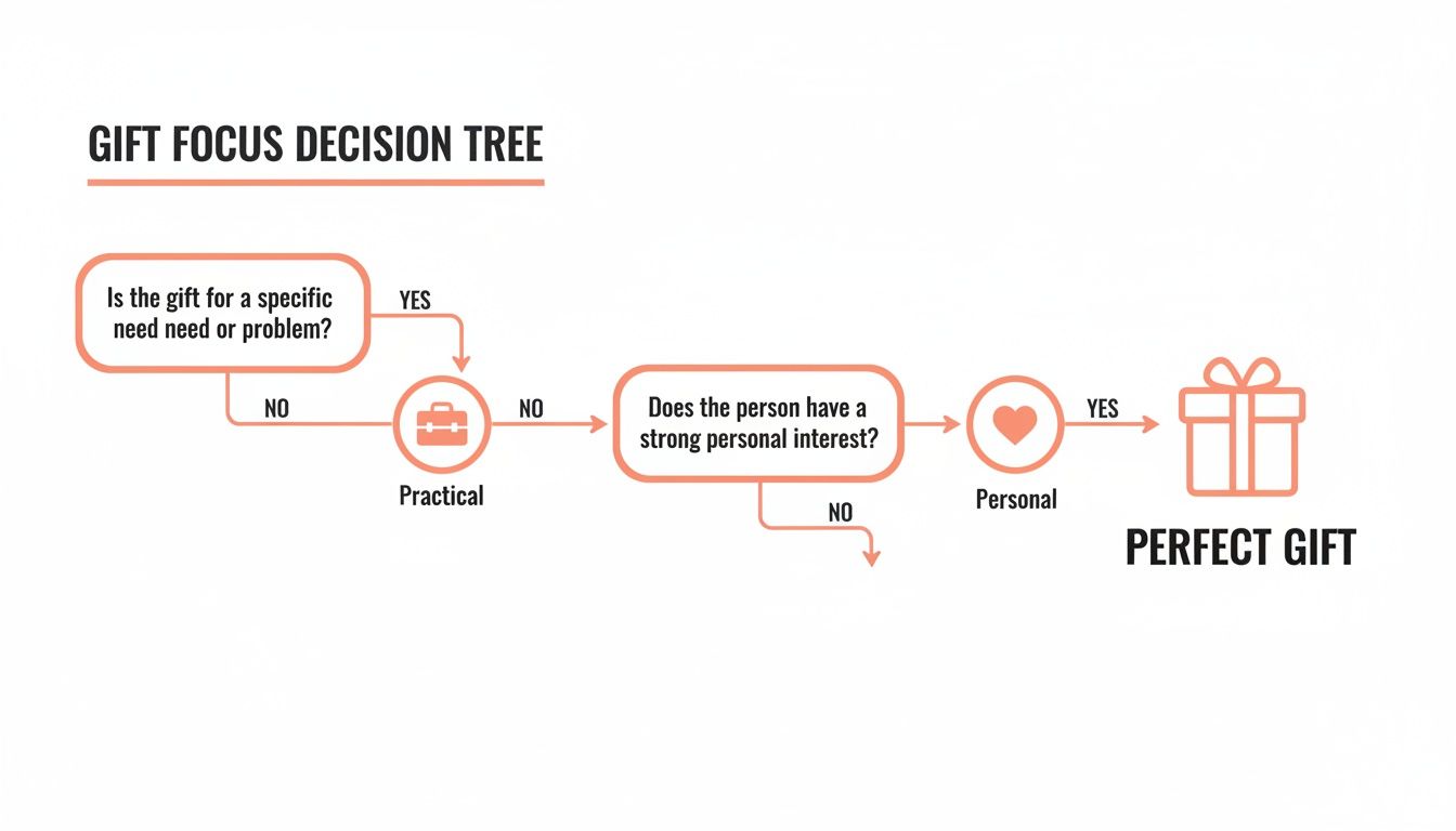 A gift focus decision tree flowchart illustrating the path to a perfect gift through practical and personal considerations.