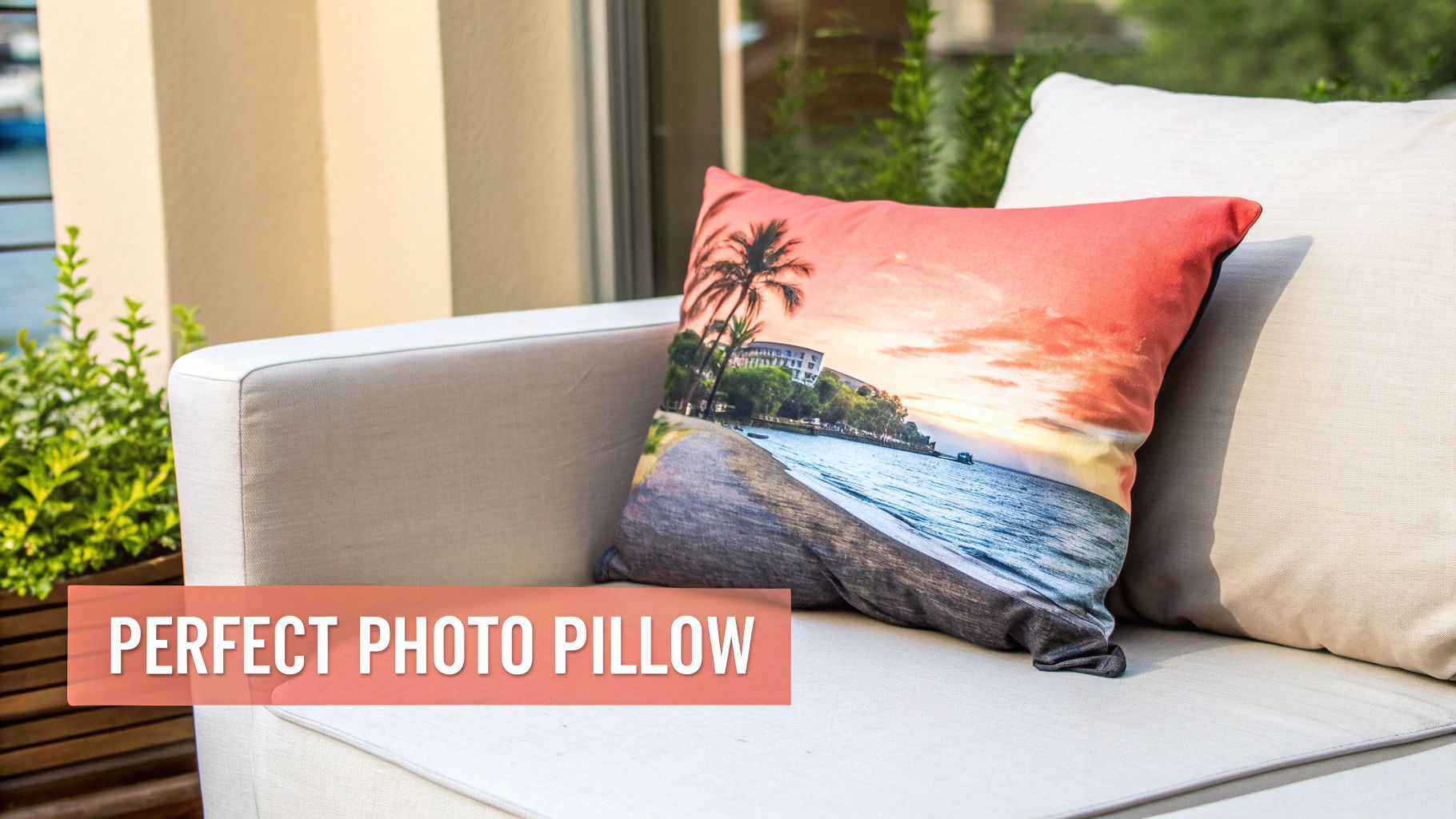 A person holding a custom printed pillow featuring a family photo.