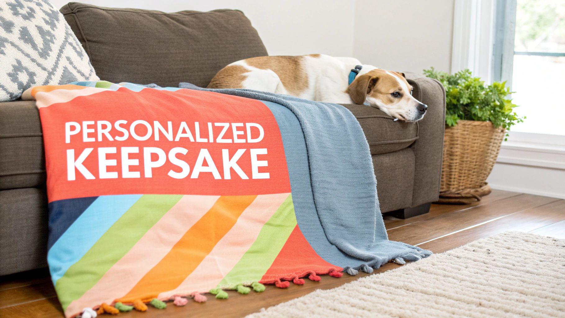 A brown and white dog rests on a cozy sofa next to a vibrant 'PERSONALIZED KEEPSAKE' blanket.