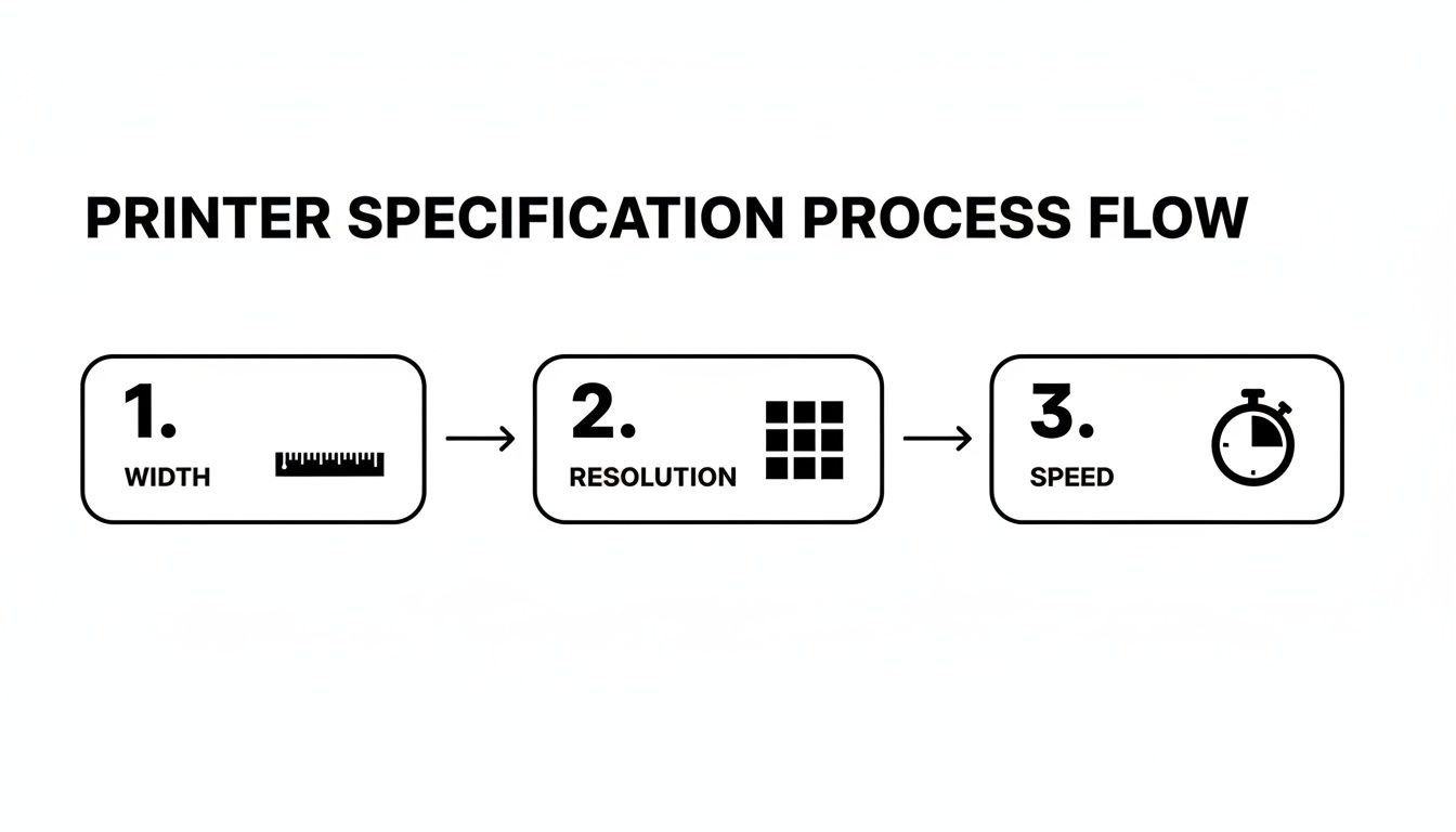 Diagram illustrating the three-step printer specification process: width, resolution, and speed.