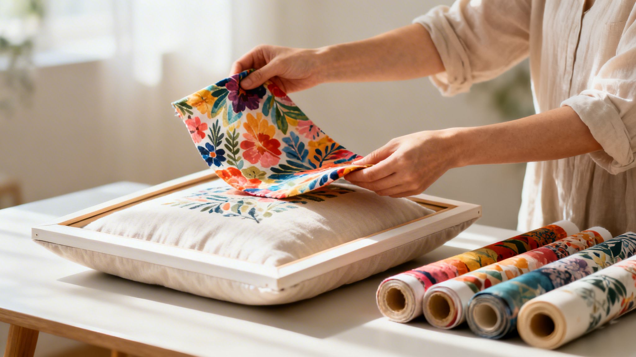 A person holds vibrant floral fabric over a framed pillow with matching design, alongside fabric rolls.