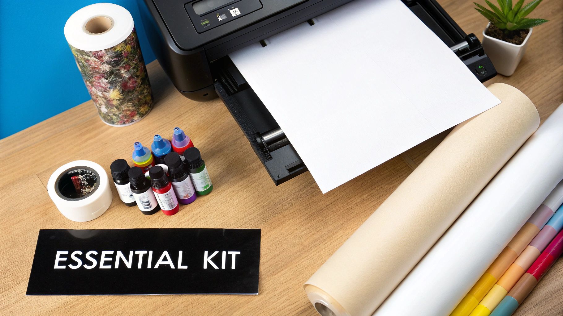 An essential dye sublimation kit with a printer, ink bottles, and paper rolls on a wooden desk.