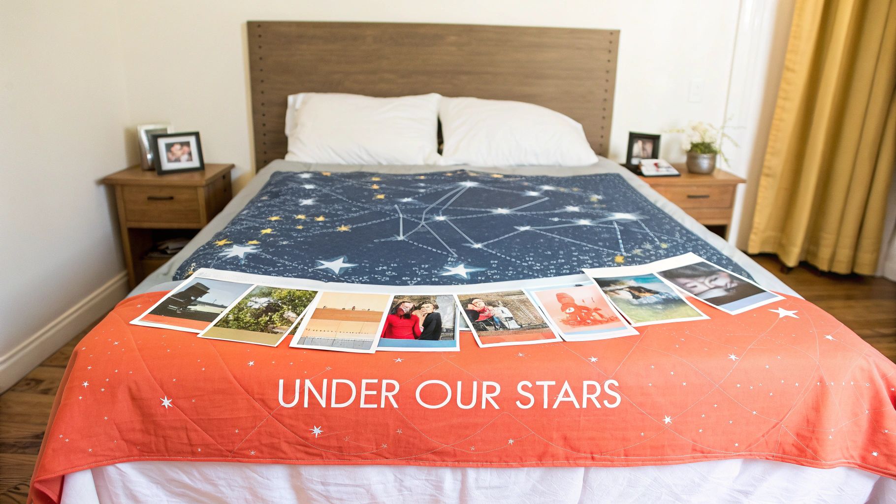 A bed with a blue star-patterned blanket and an orange quilt displaying 'UNDER OUR STARS' with cherished photos.