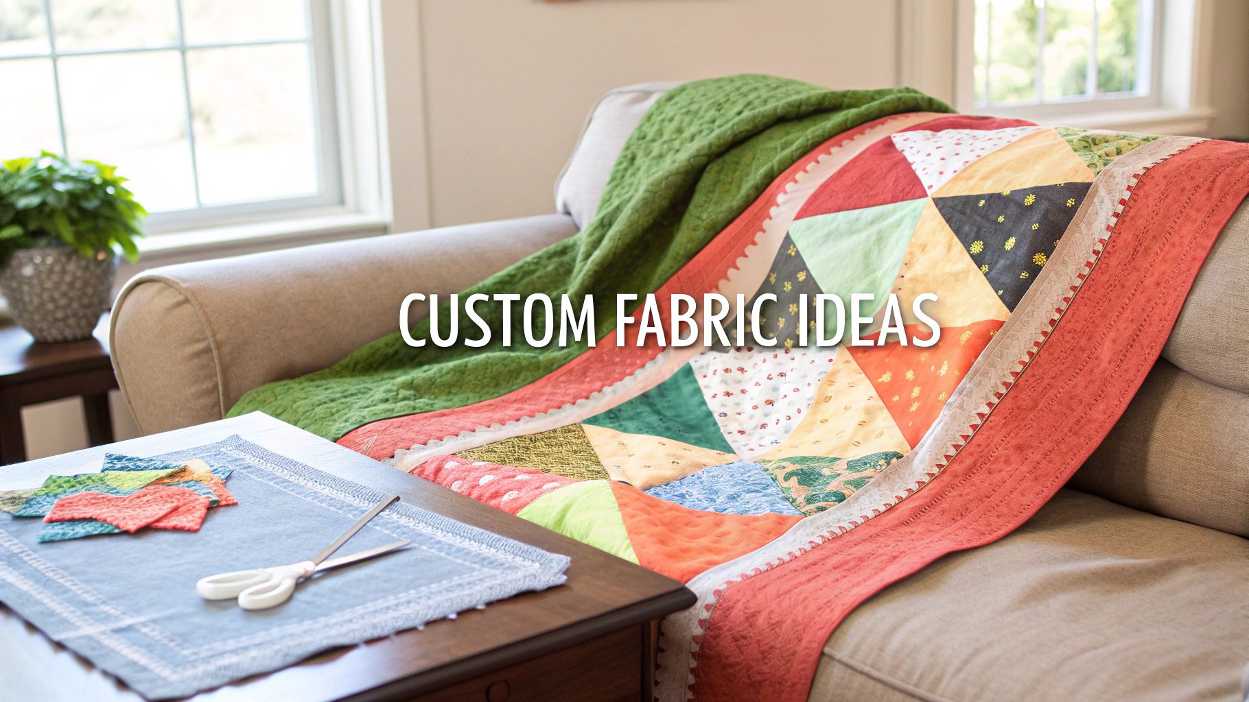 Colorful patchwork quilt and green blanket on a couch, with fabric scraps and scissors on a table, illustrating custom fabric ideas.