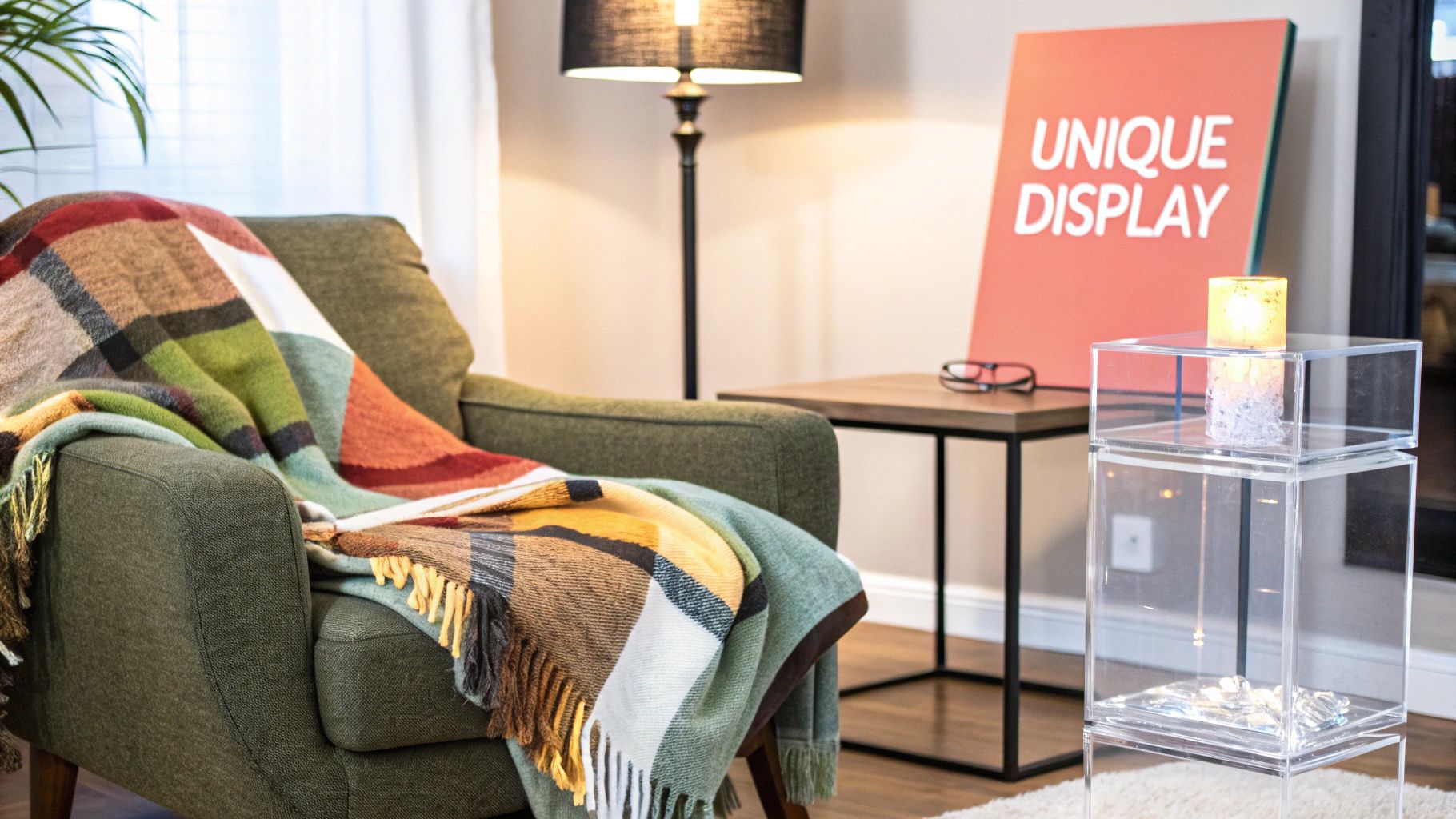 A custom photo blanket with a wedding picture draped over a couch.