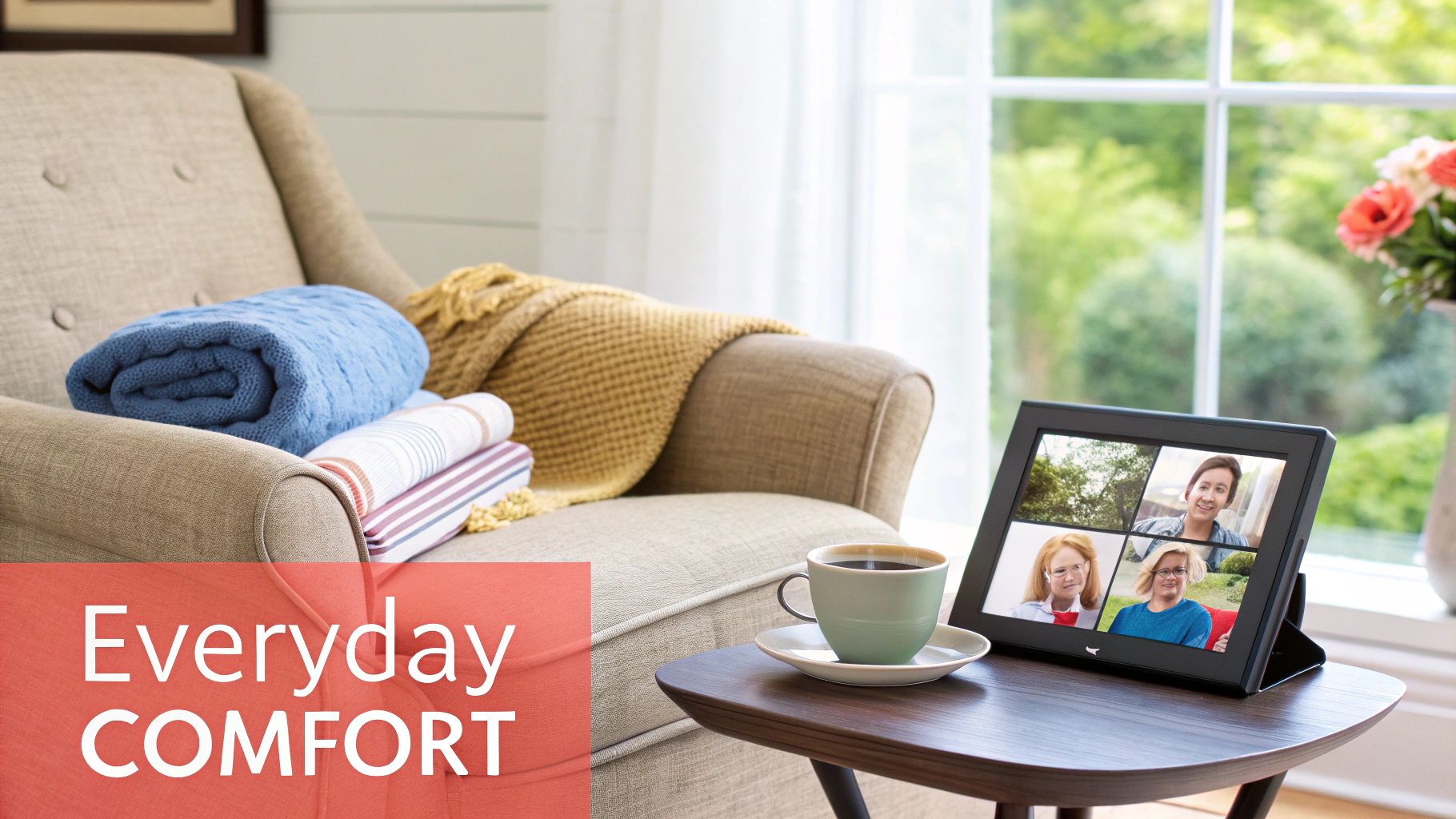 A cozy living room with an armchair, blankets, coffee, and a digital frame displaying a family video call.