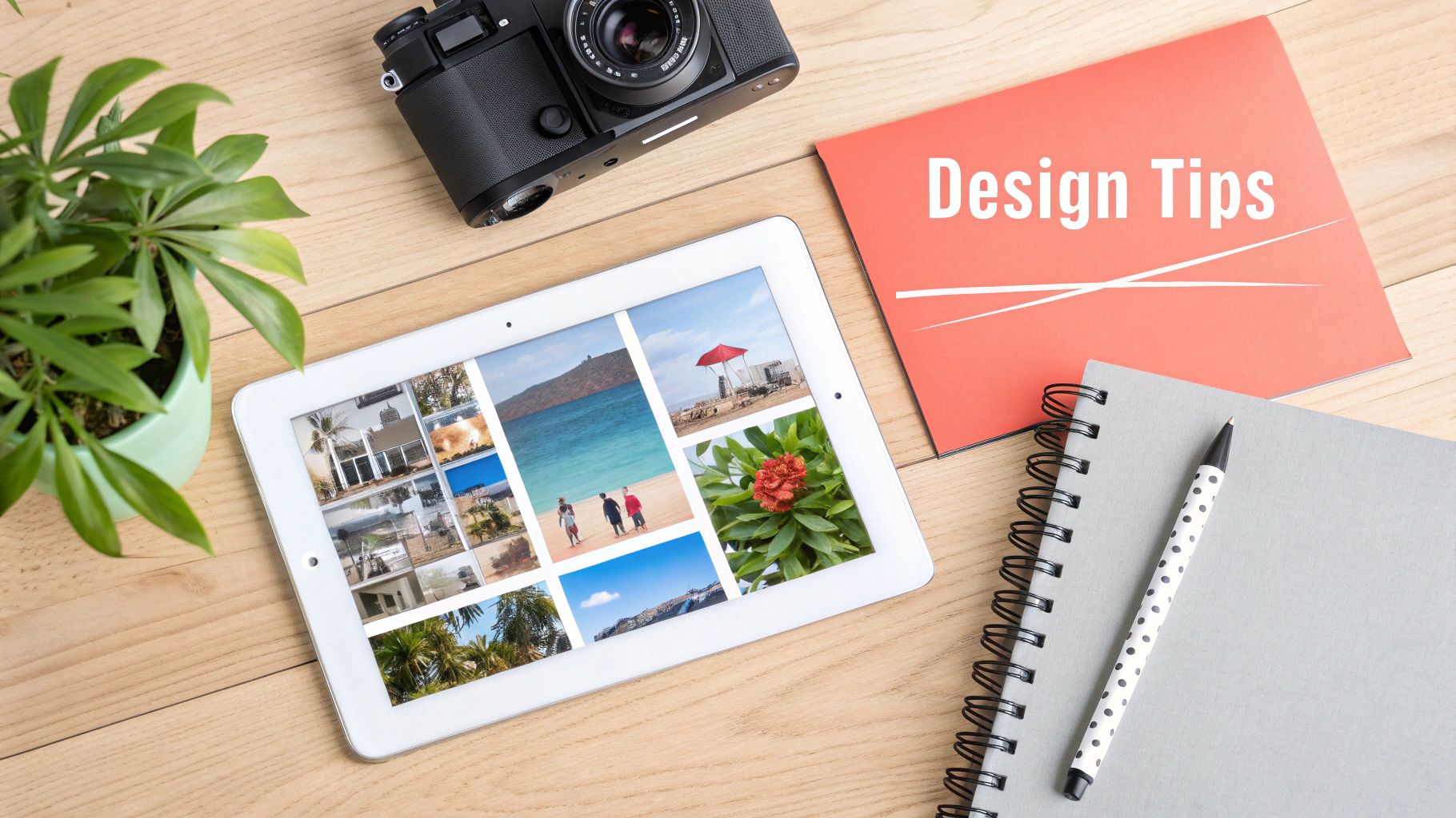 A person's hands carefully arranging photos for a collage on a wooden table, showing the creative process of designing a custom gift.