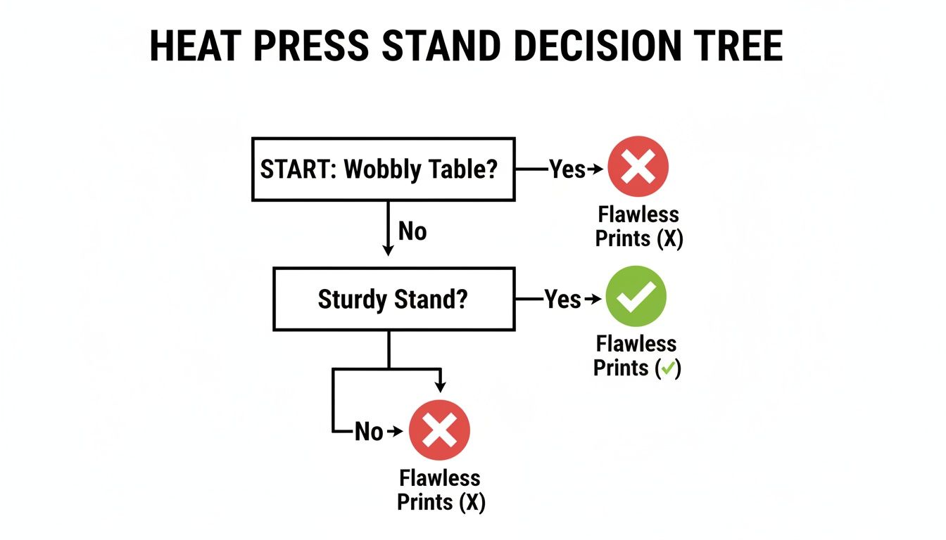 Decision tree illustrating how a sturdy heat press stand is essential for flawless prints, avoiding wobbly tables.