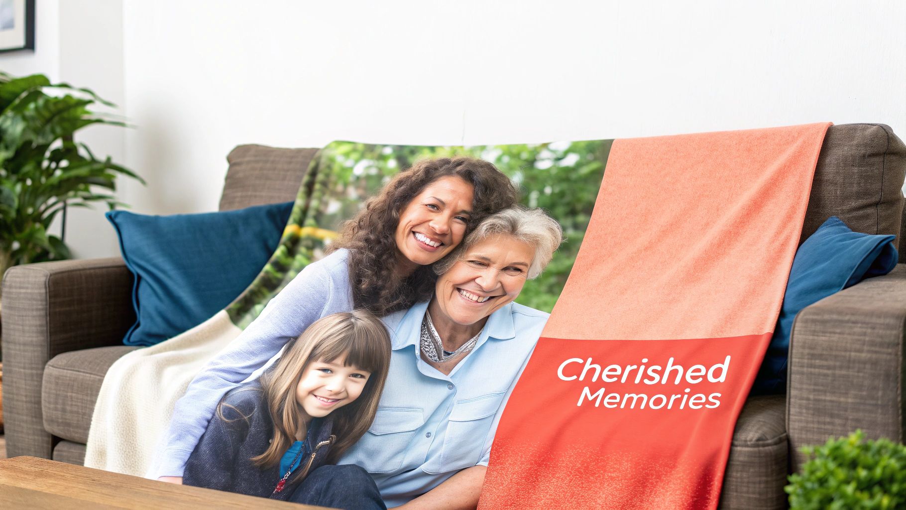 A multi-generational family, including a mother, grandmother, and child, smiling on a personalized photo blanket.