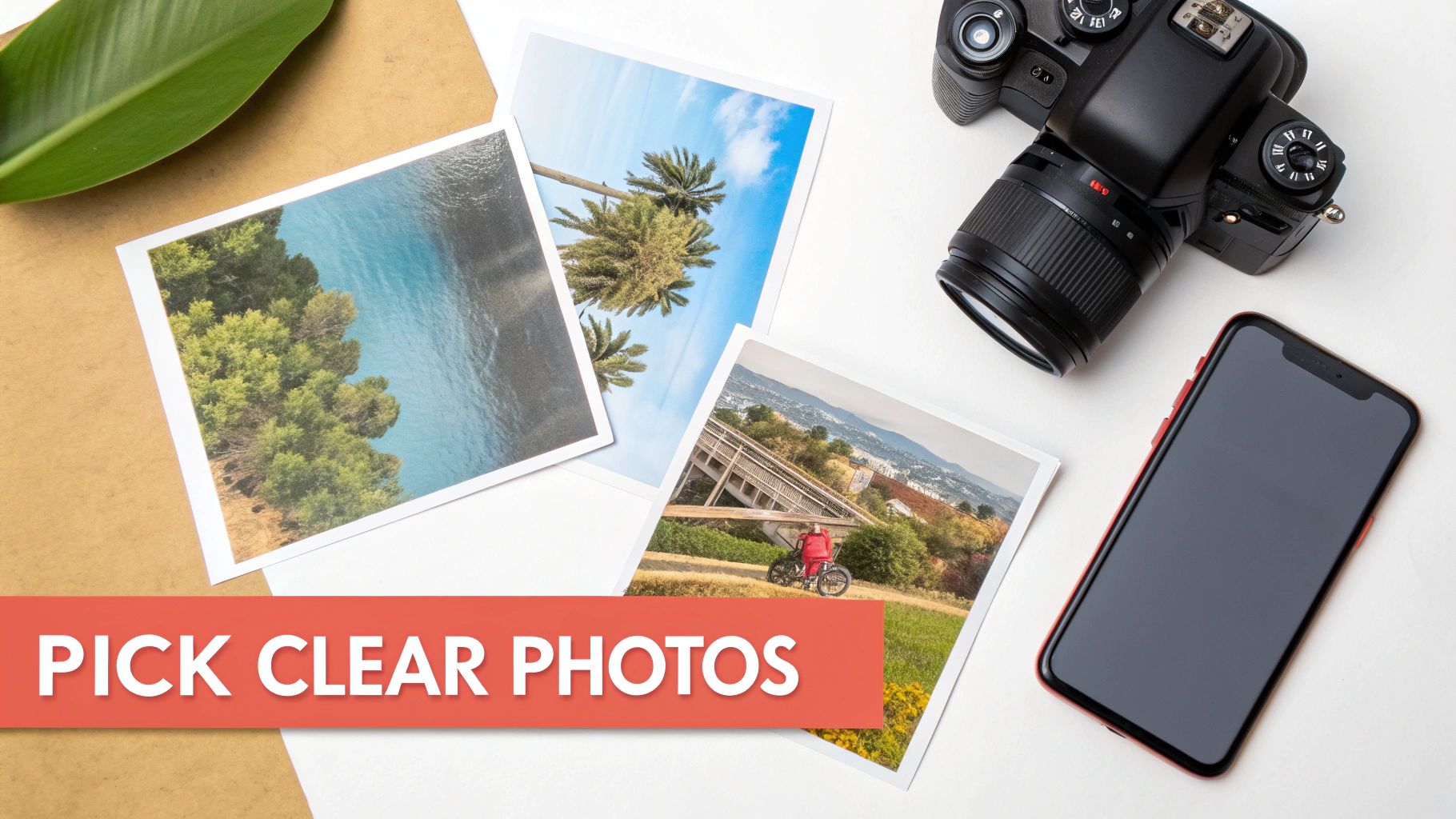 Variety of clear printed travel photos, a black camera, and a red smartphone lay on a two-toned surface.