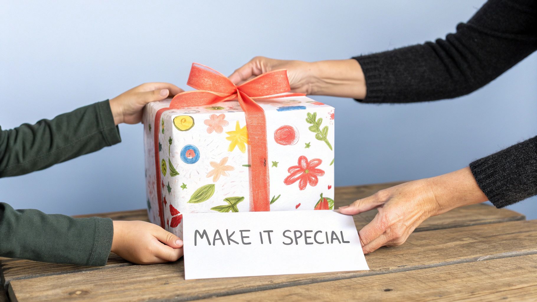 Hands of an adult and a child hold a colorful gift box with a red ribbon and a 'MAKE IT SPECIAL' note on a wooden table.