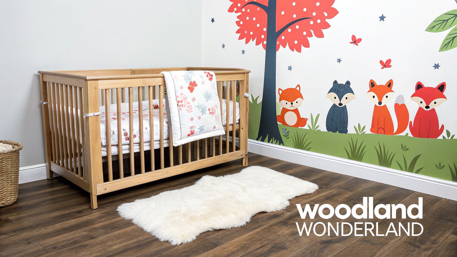 A cozy baby nursery with a wooden crib, floral bedding, white rug, and woodland fox wall decals.