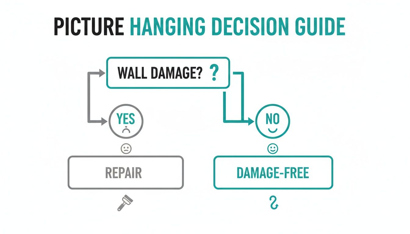 A flowchart titled 'Picture Hanging Decision Guide' asking 'Wall Damage?' with paths for 'Yes' (Repair) and 'No' (Damage-Free).