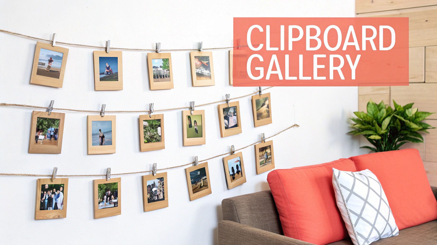 A white wall showcasing a 'clipboard gallery' with small framed photos hung creatively on strings with clothespins.