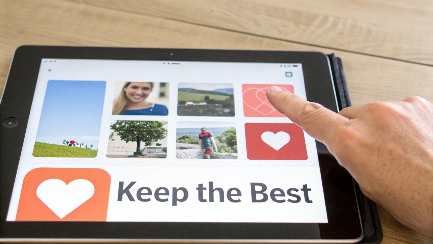 A hand taps a tablet screen showing a photo organization app with image thumbnails and heart icons.
