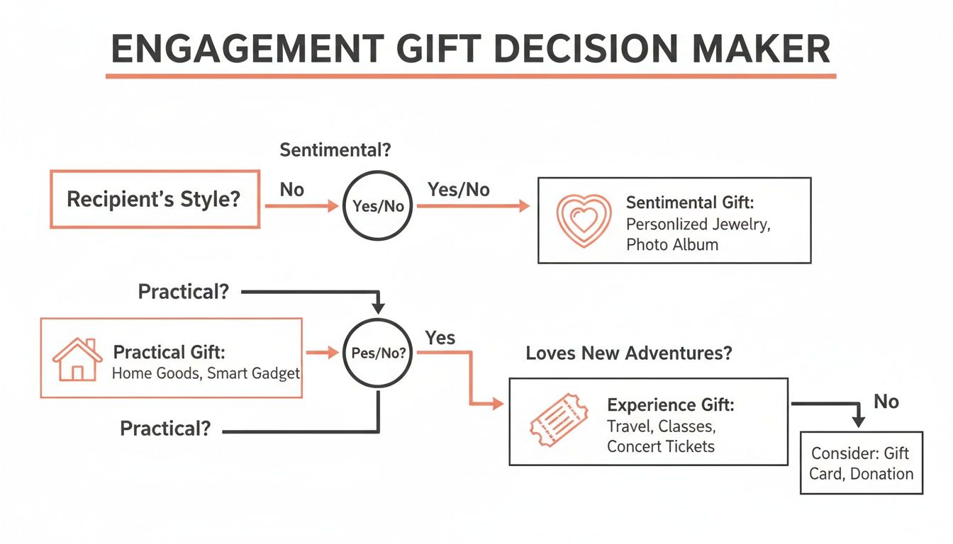 A flowchart for engagement gift ideas, guiding decisions based on recipient's style, sentiment, practicality, and adventure.