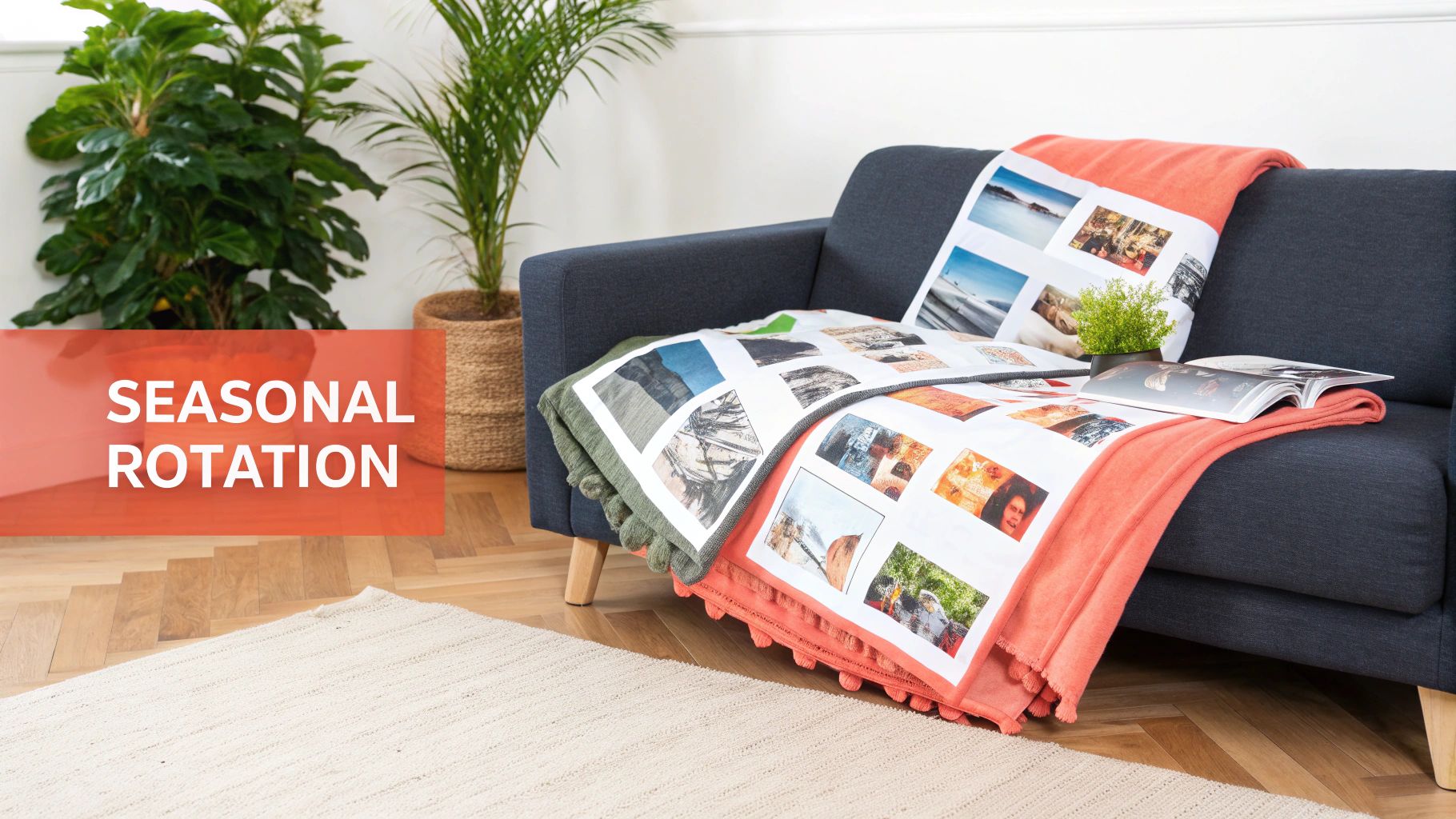A cozy living room with a blue sofa draped in personalized photo blankets, plants, and an open book, featuring a "SEASONAL ROTATION" overlay.