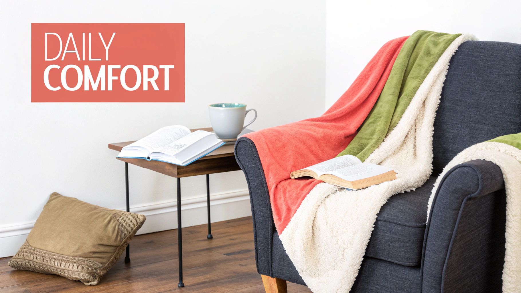 A cozy armchair with blankets, open books, and a mug on a side table, promoting daily comfort.