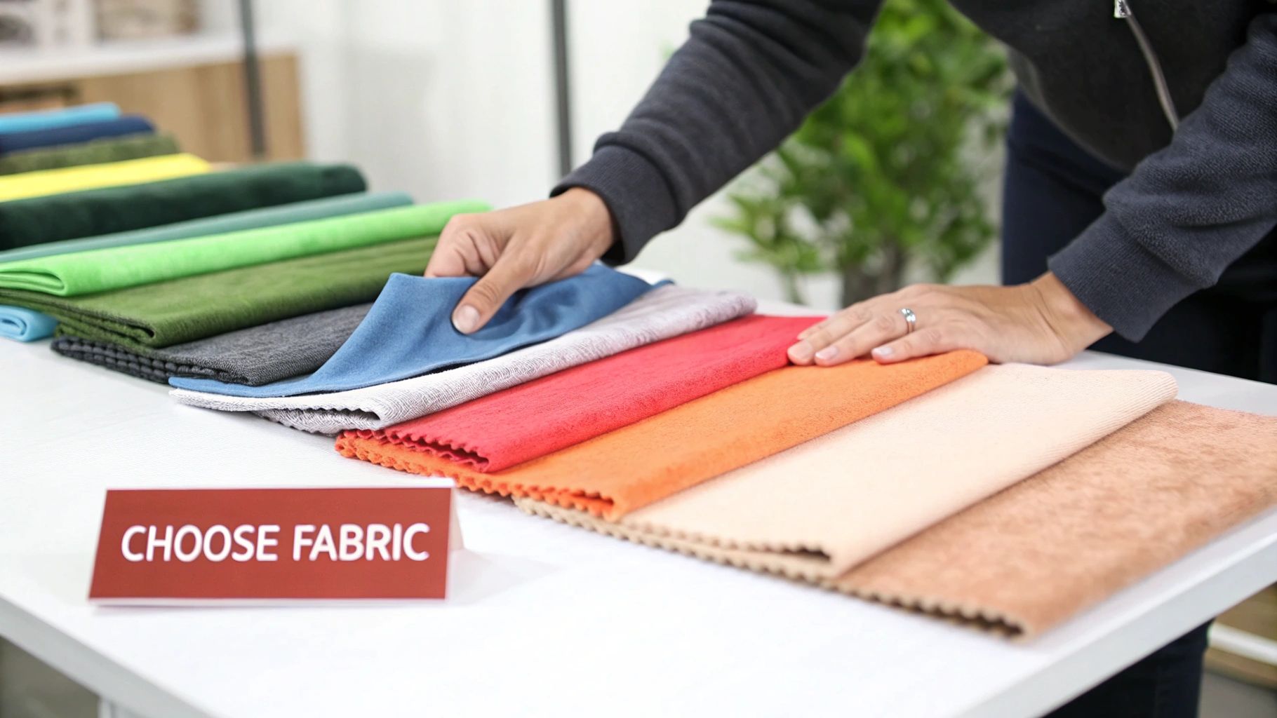 Close-up of hands choosing from a wide array of colorful fabric samples on a white table.