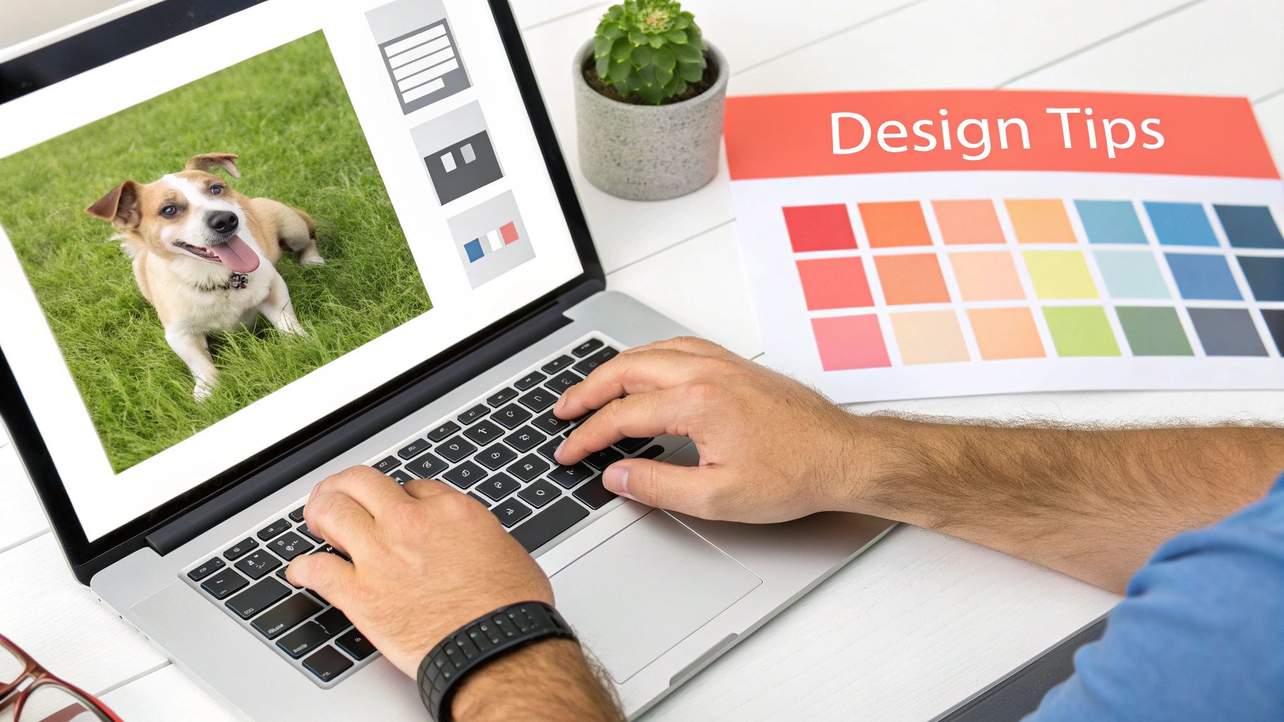 A person types on a laptop, displaying a happy dog photo, next to a 'Design Tips' color palette.