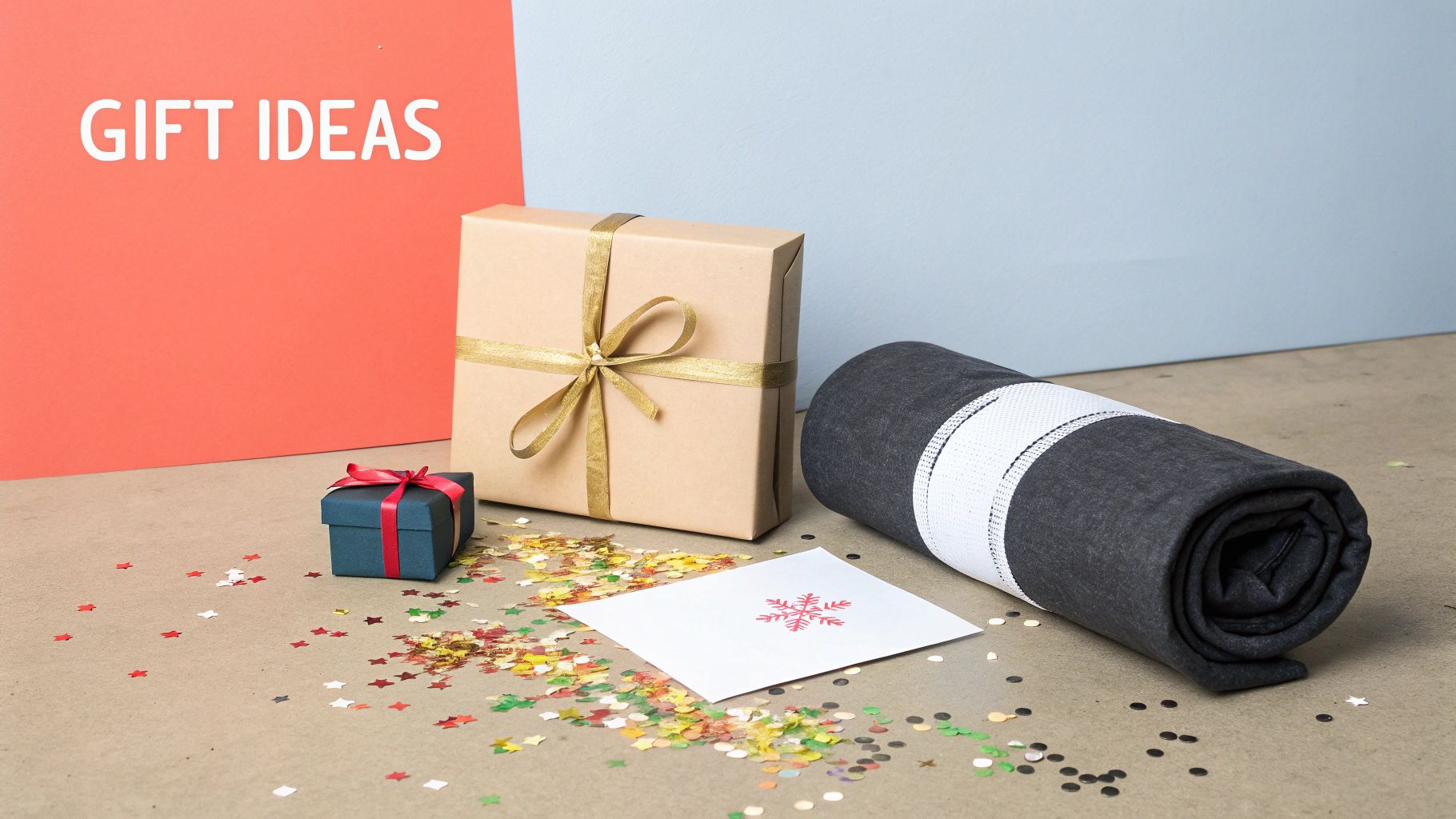 A collection of gift ideas with wrapped presents, a rolled blanket, and a snowflake card, surrounded by confetti.
