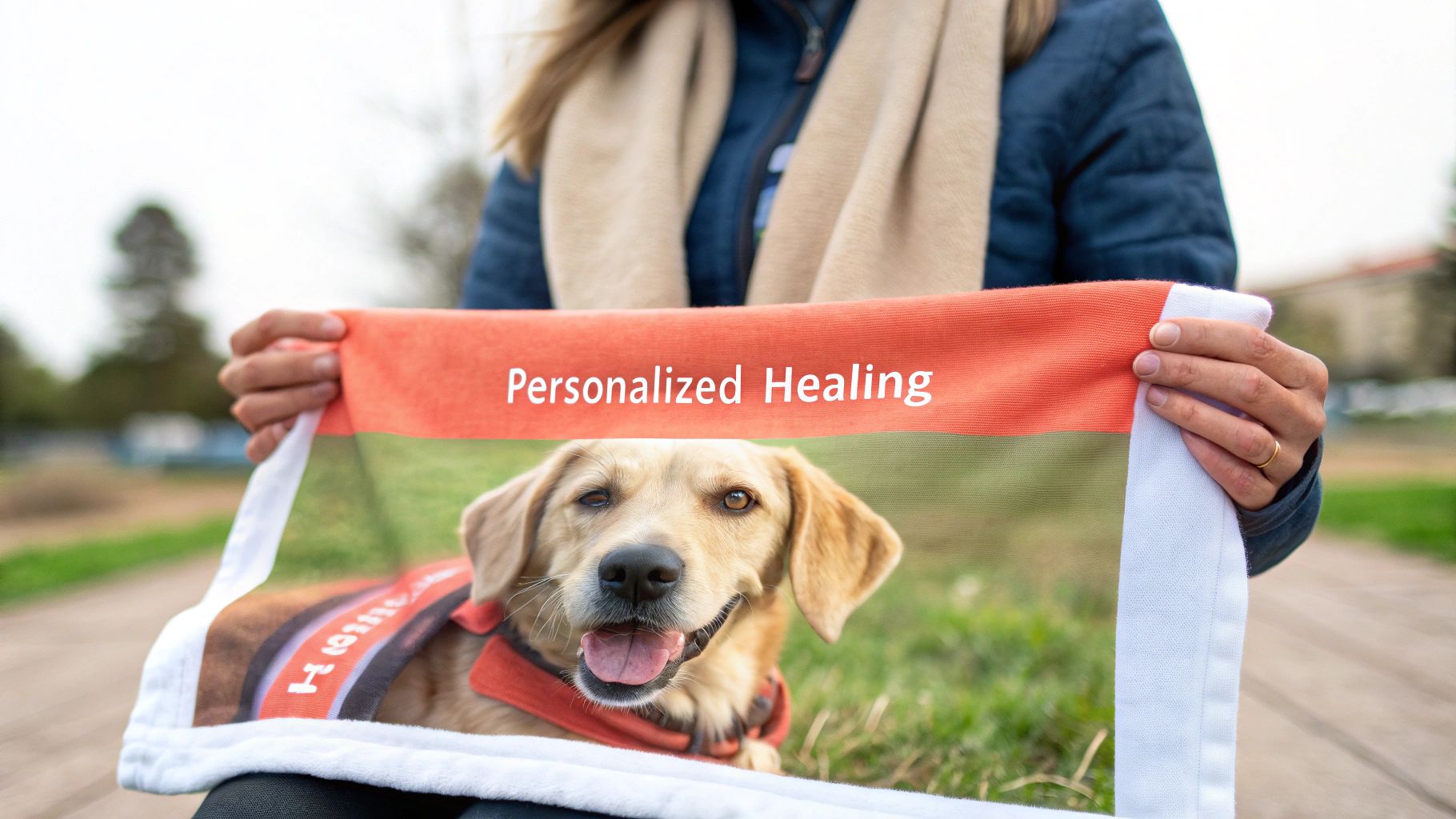 A person holds a personalized blanket showing 'Personalized Healing' text and a happy golden retriever dog.