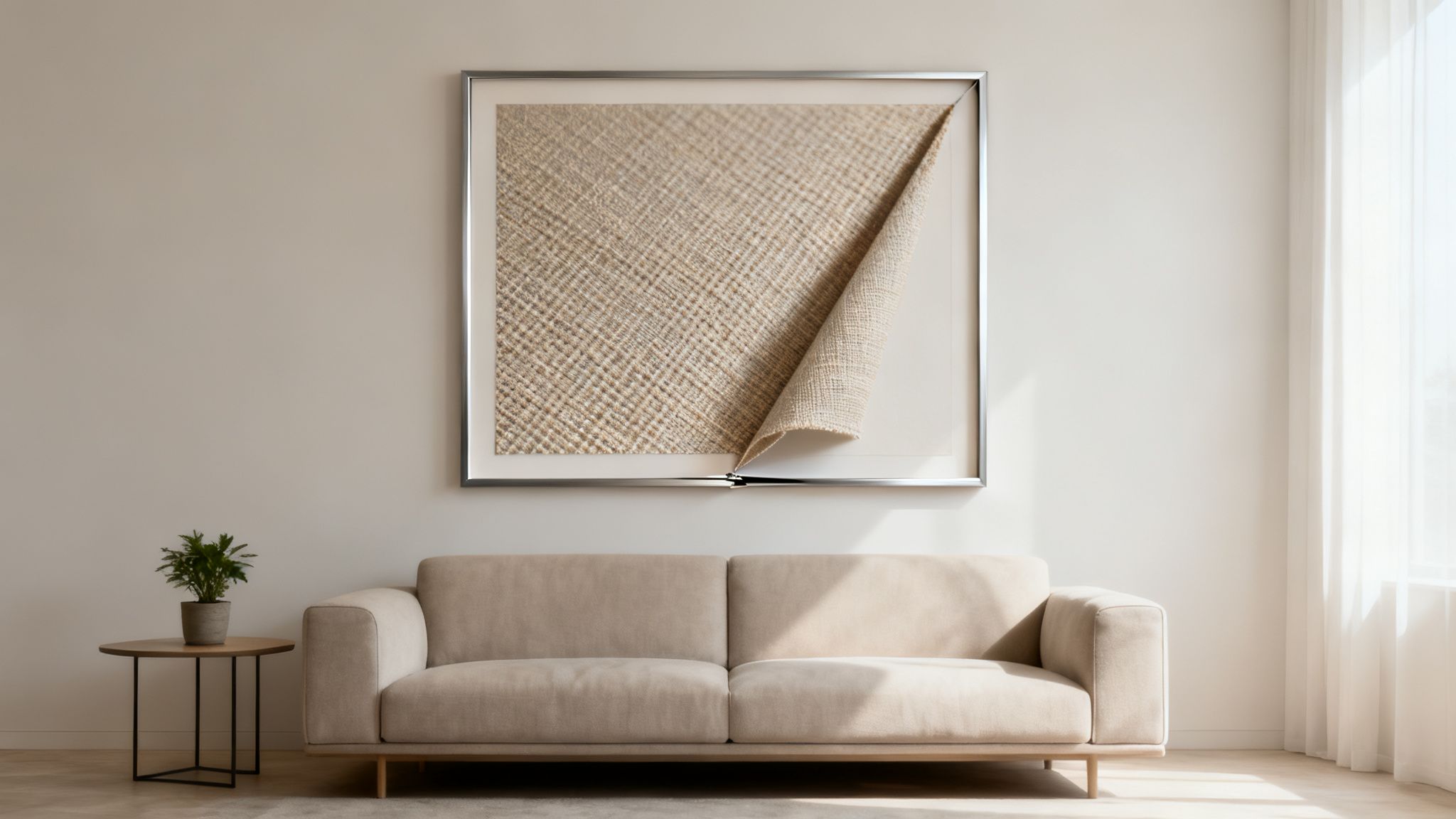 A minimalist living room featuring a beige sofa, a plant, and unique framed textile art.