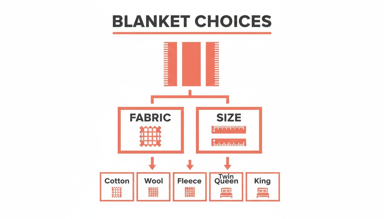 Flowchart illustrating blanket choices by fabric types like cotton, wool, fleece, and sizes twin/queen, king.
