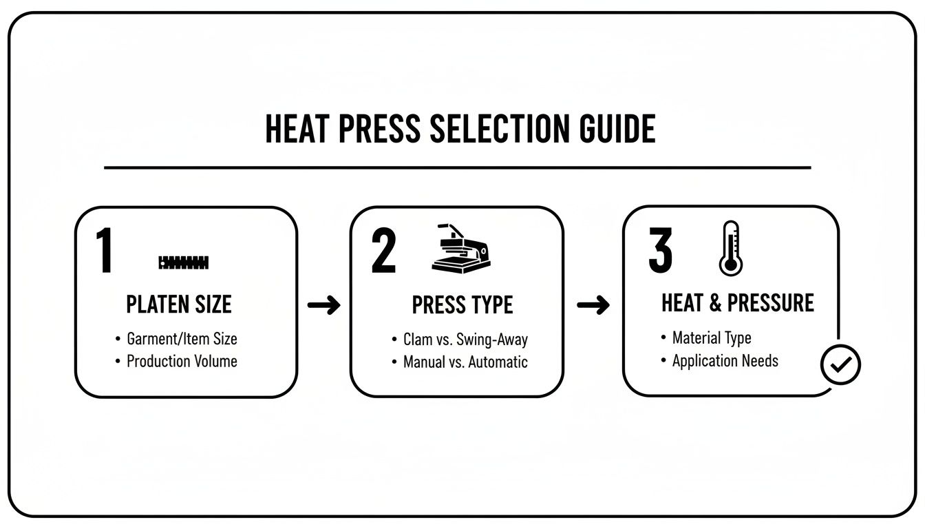 A three-step heat press selection guide detailing platen size, press type, and heat and pressure.