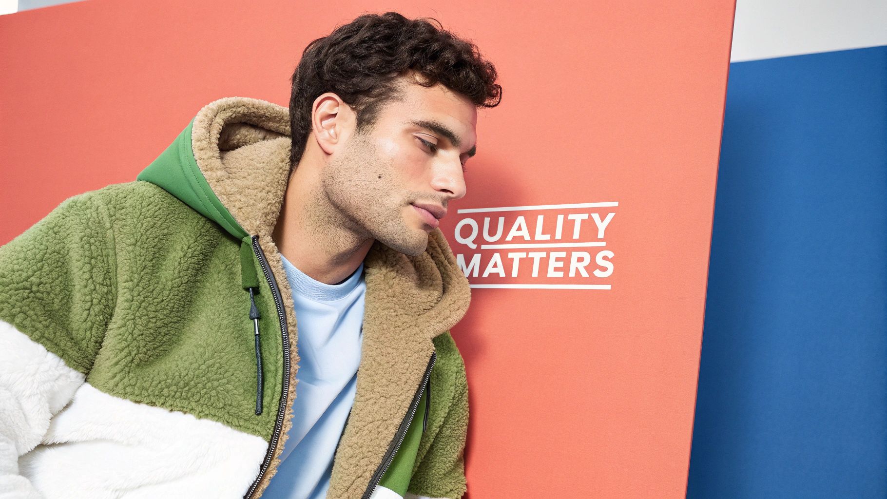 A man in a green and white sherpa jacket looks down next to an orange wall with "QUALITY MATTERS".