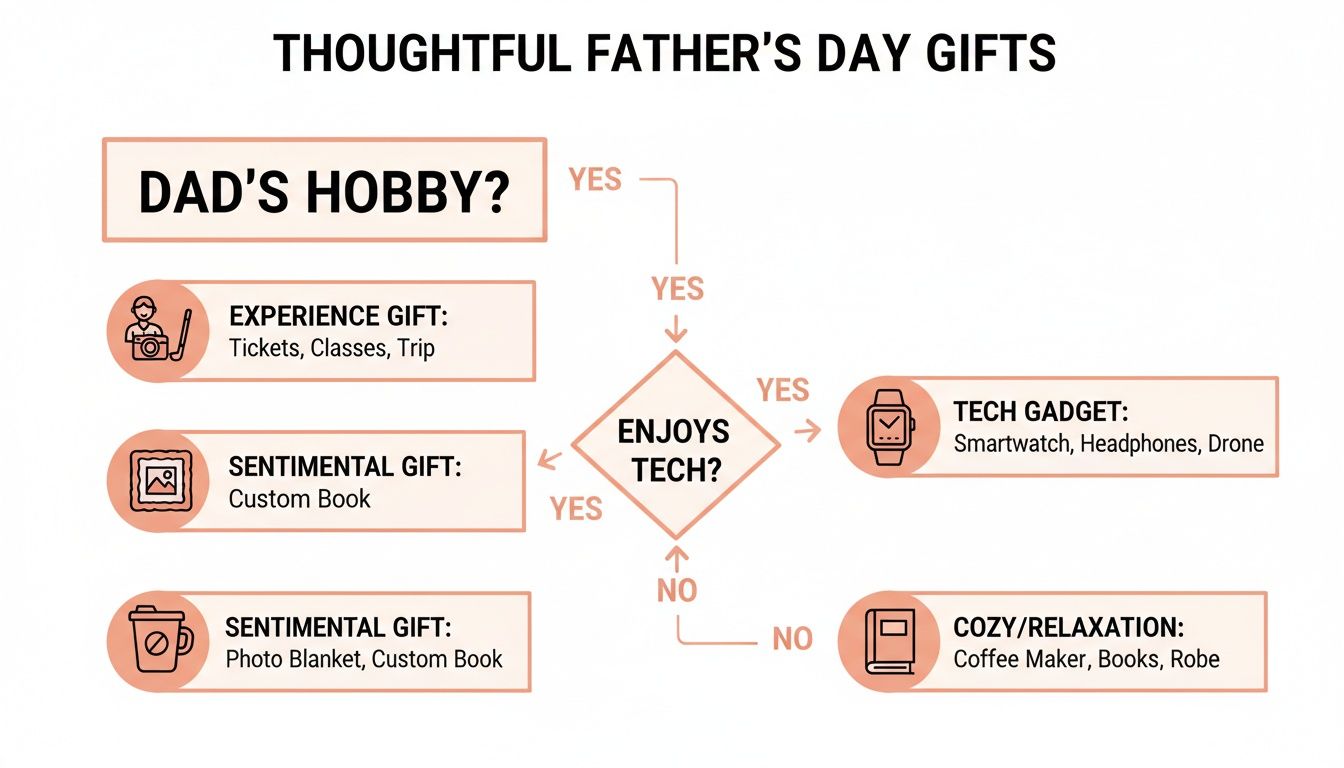 Flowchart guiding users to thoughtful Father's Day gifts based on dad's hobbies and tech interest.