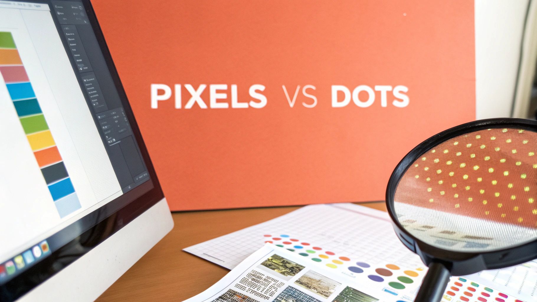 A magnified view contrasting digital pixels on a screen with printed ink dots on paper.