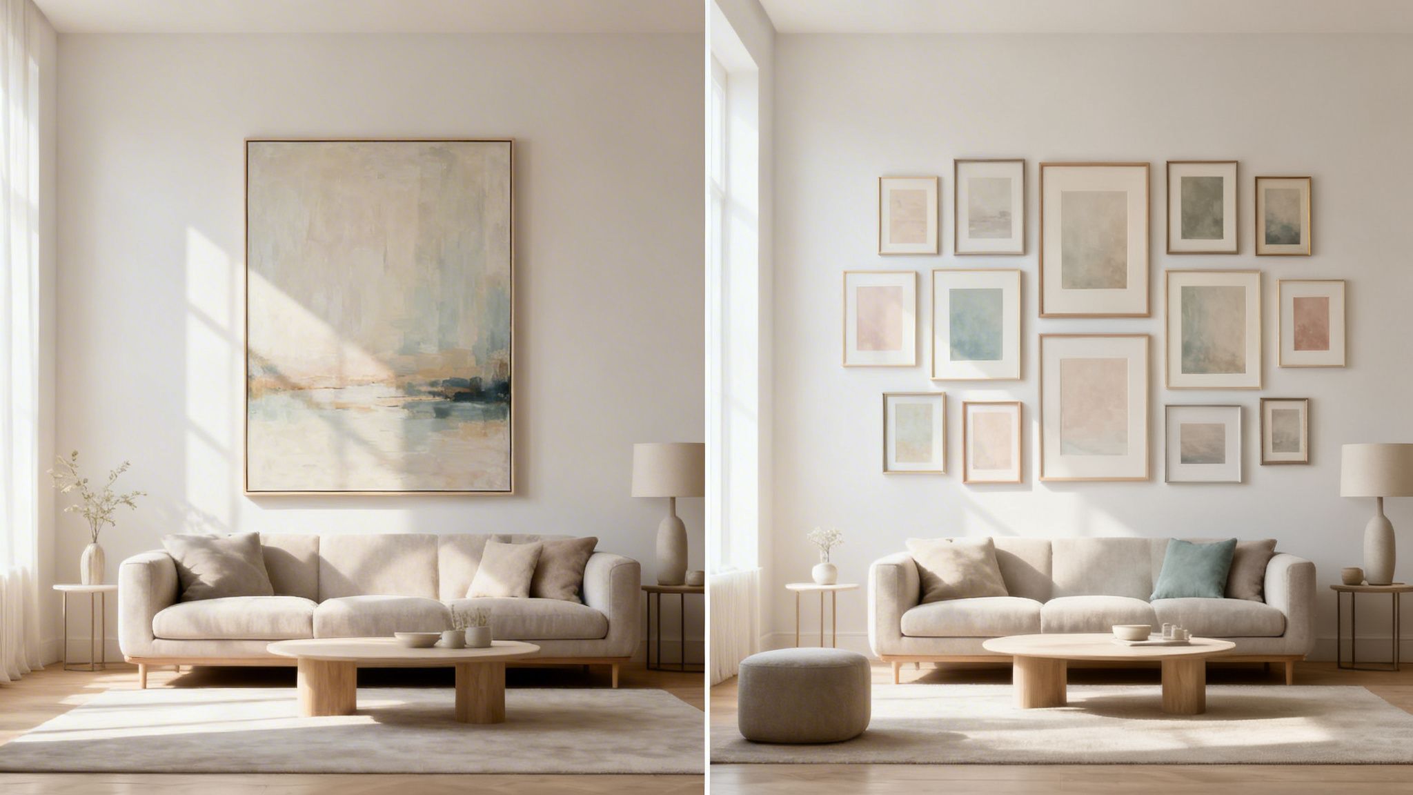 Two contemporary living rooms, one with a large abstract painting, the other with a stylish gallery wall.