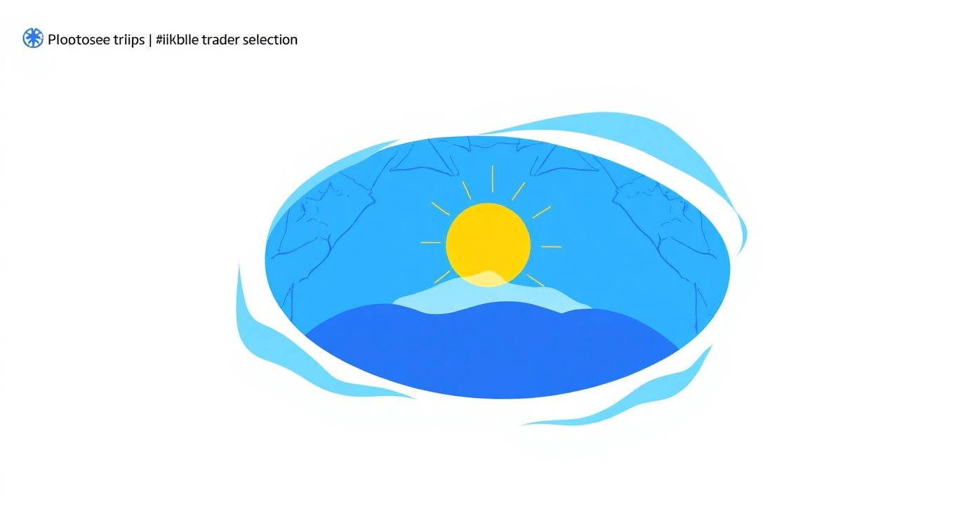 Stylized blue planet with a bright yellow sun and wavy ocean, surrounded by abstract blue shapes.
