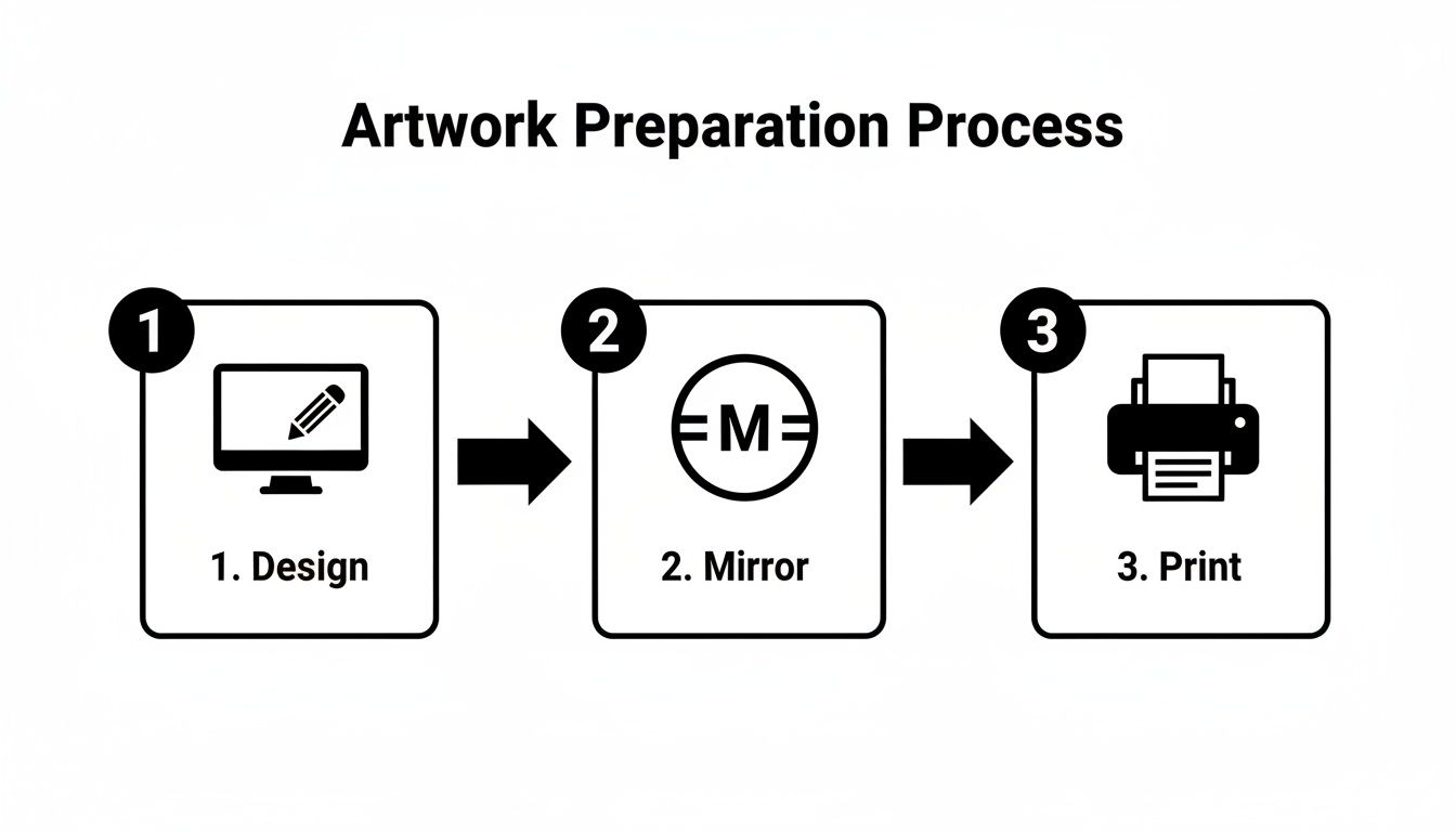 Three-step artwork preparation process flowchart: design, mirror, and print the image.